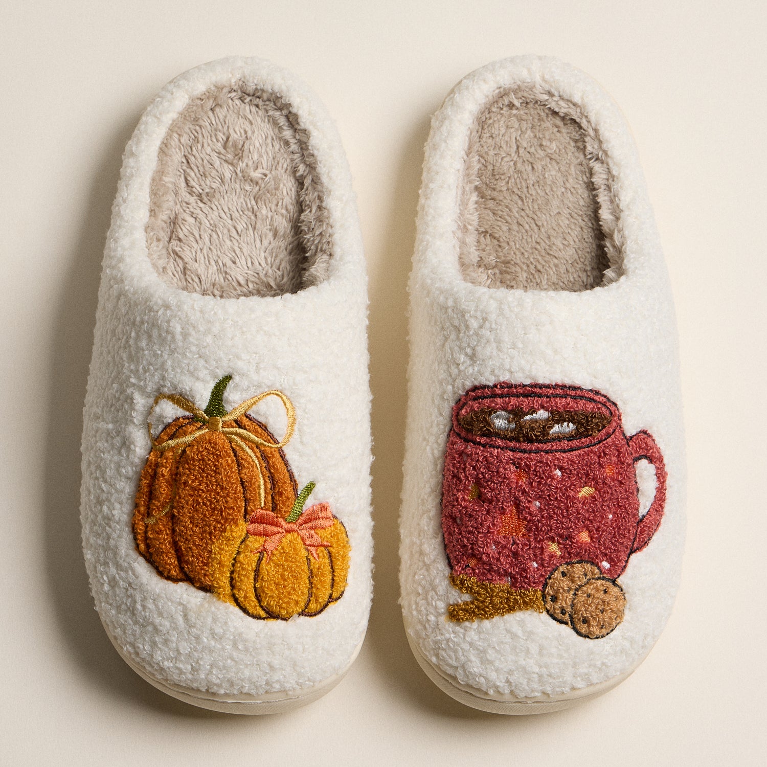 Cozy Autumn-Inspired Fuzzy Slippers with Pumpkin and Hot Cocoa Embroidery