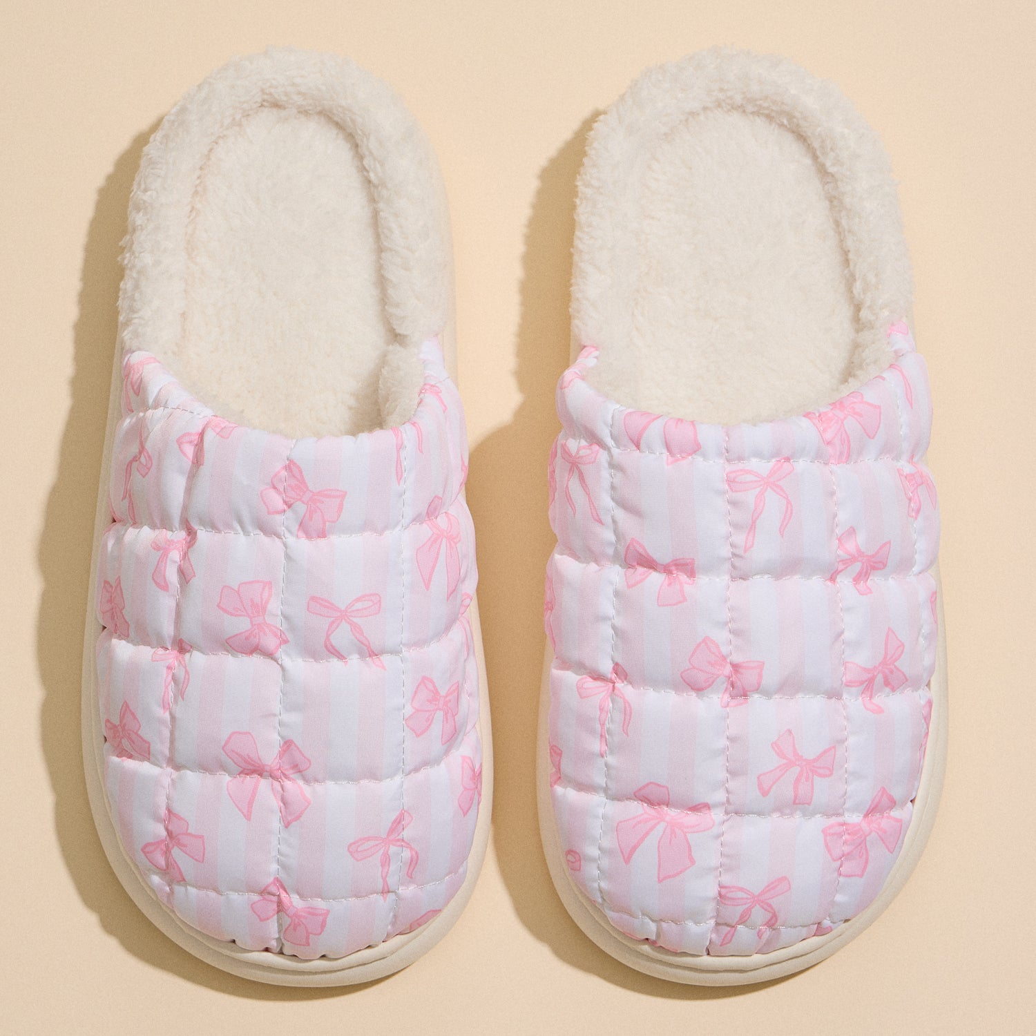 Soft Quilted Indoor Slippers with Pink Bow Pattern