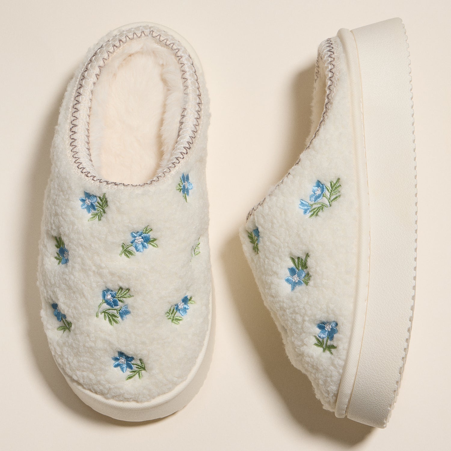Embroidered Floral Indoor Slippers with Soft Fleece Lining