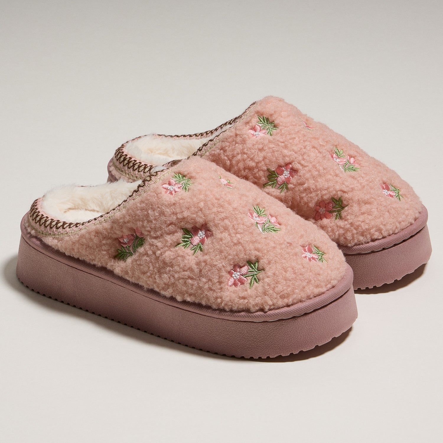 Embroidered Floral Indoor Slippers with Soft Fleece Lining