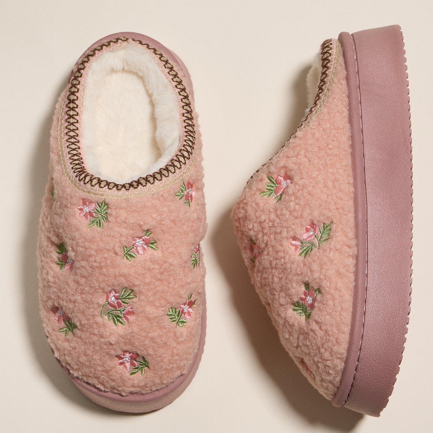 Embroidered Floral Indoor Slippers with Soft Fleece Lining