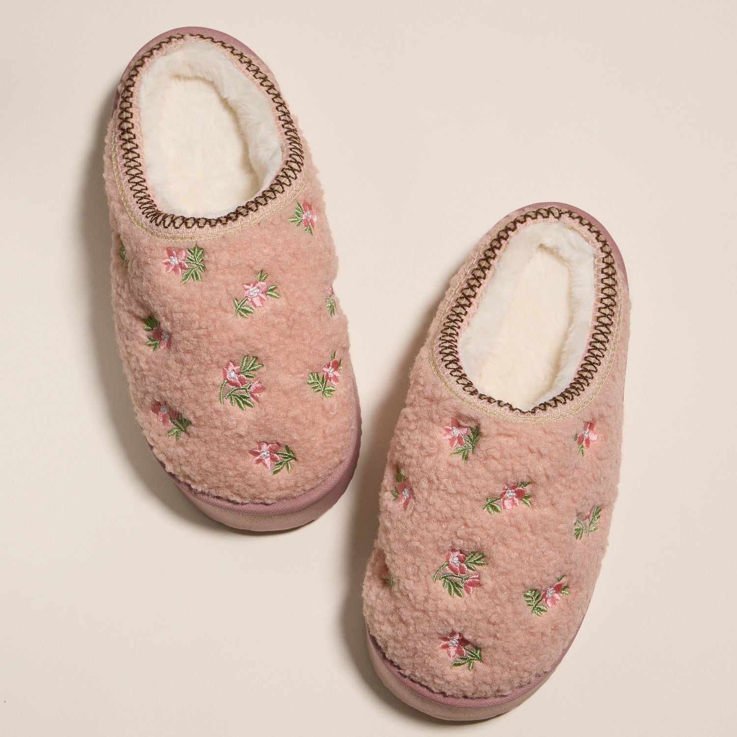 Embroidered Floral Indoor Slippers with Soft Fleece Lining