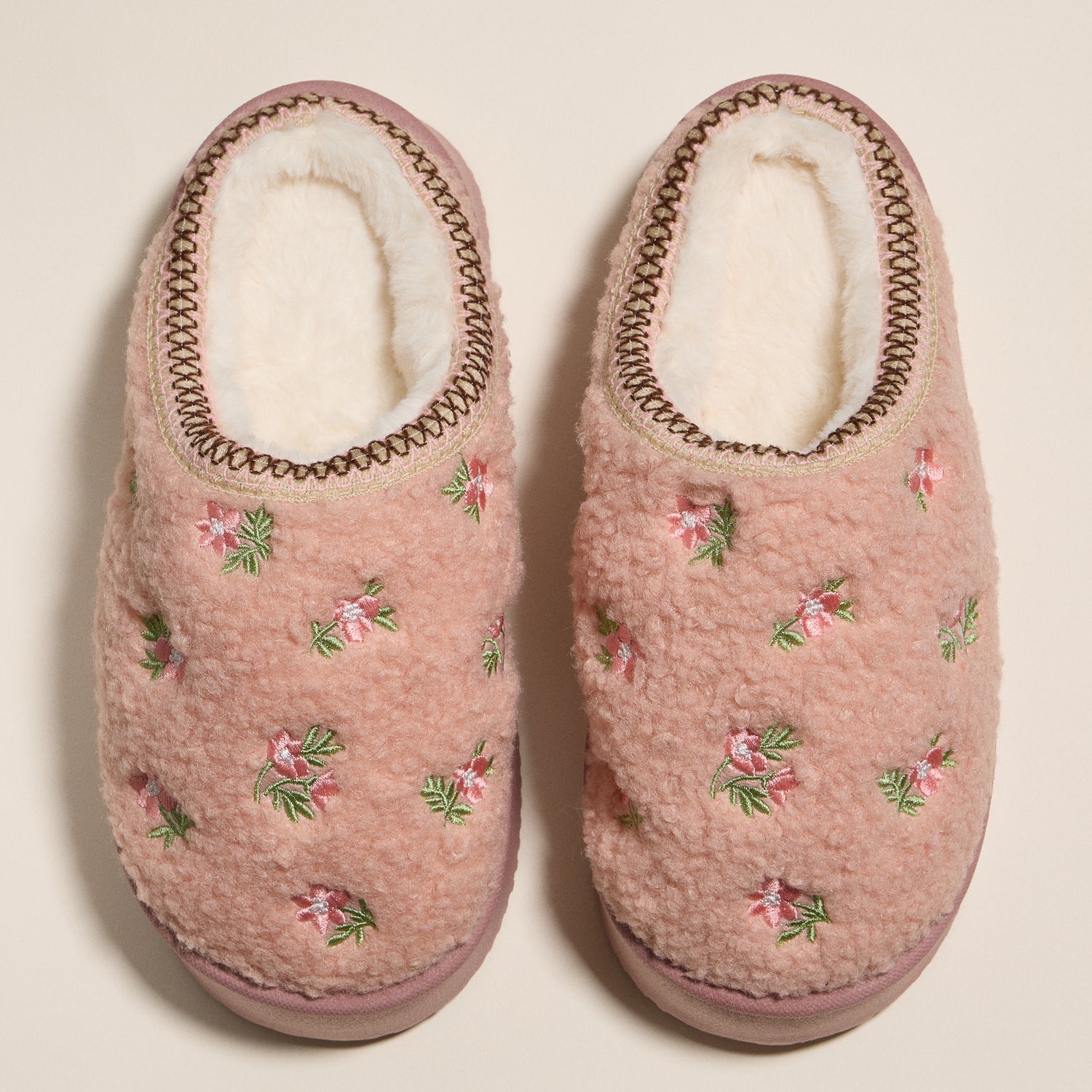 Embroidered Floral Indoor Slippers with Soft Fleece Lining