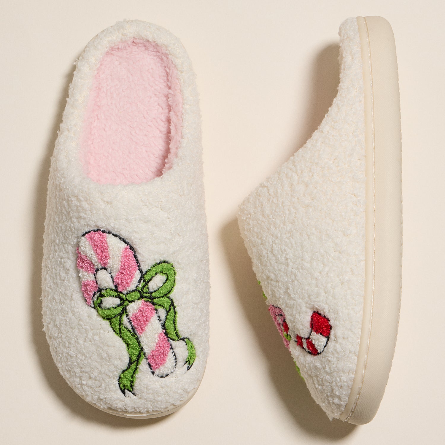 Whimsical Green Monster Slippers with Candy Cane Embroidery