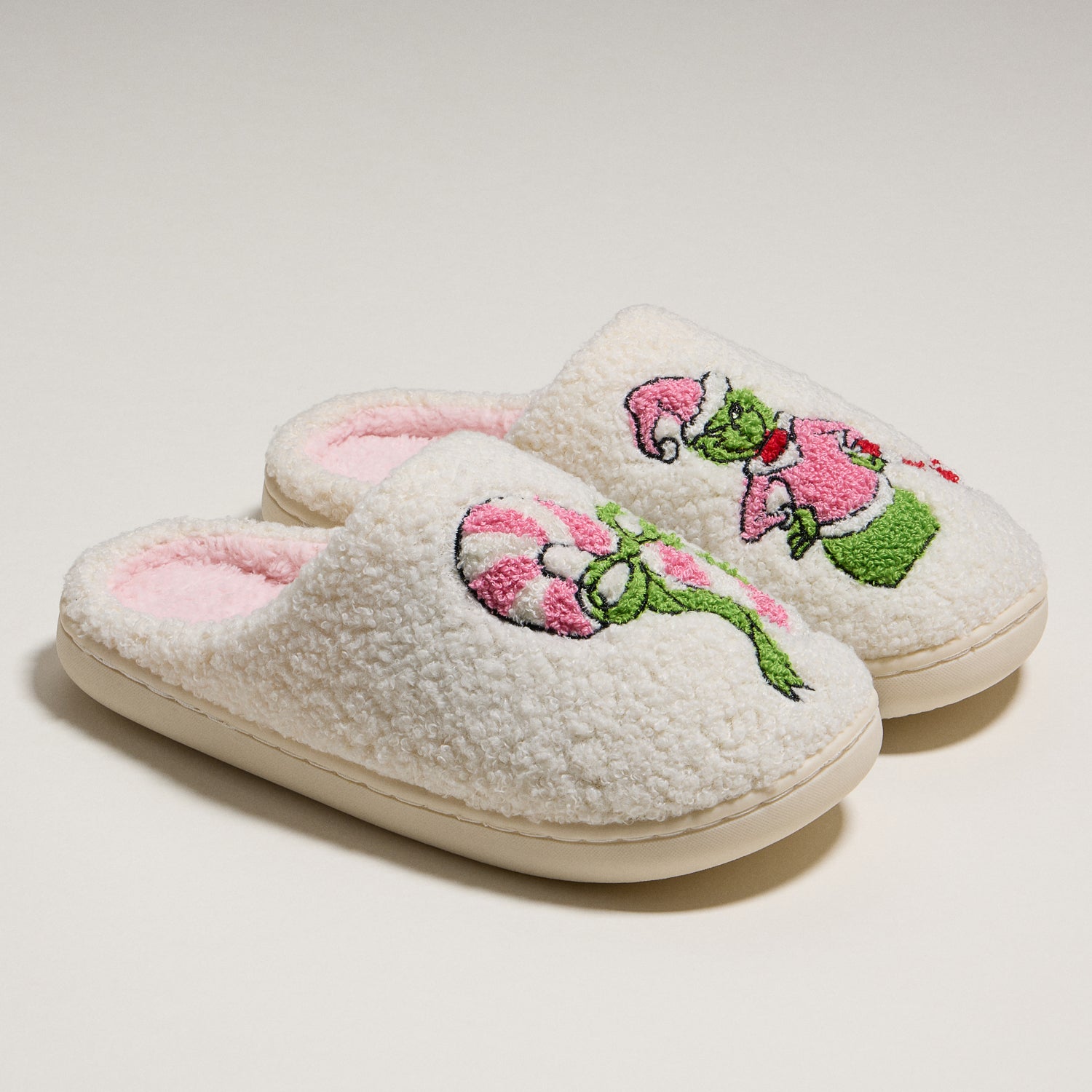 Whimsical Green Monster Slippers with Candy Cane Embroidery