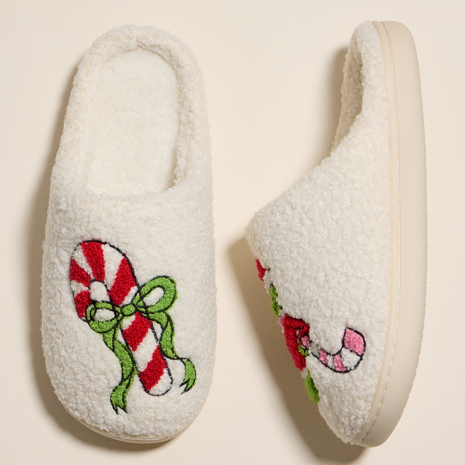 Whimsical Green Monster Slippers with Candy Cane Embroidery