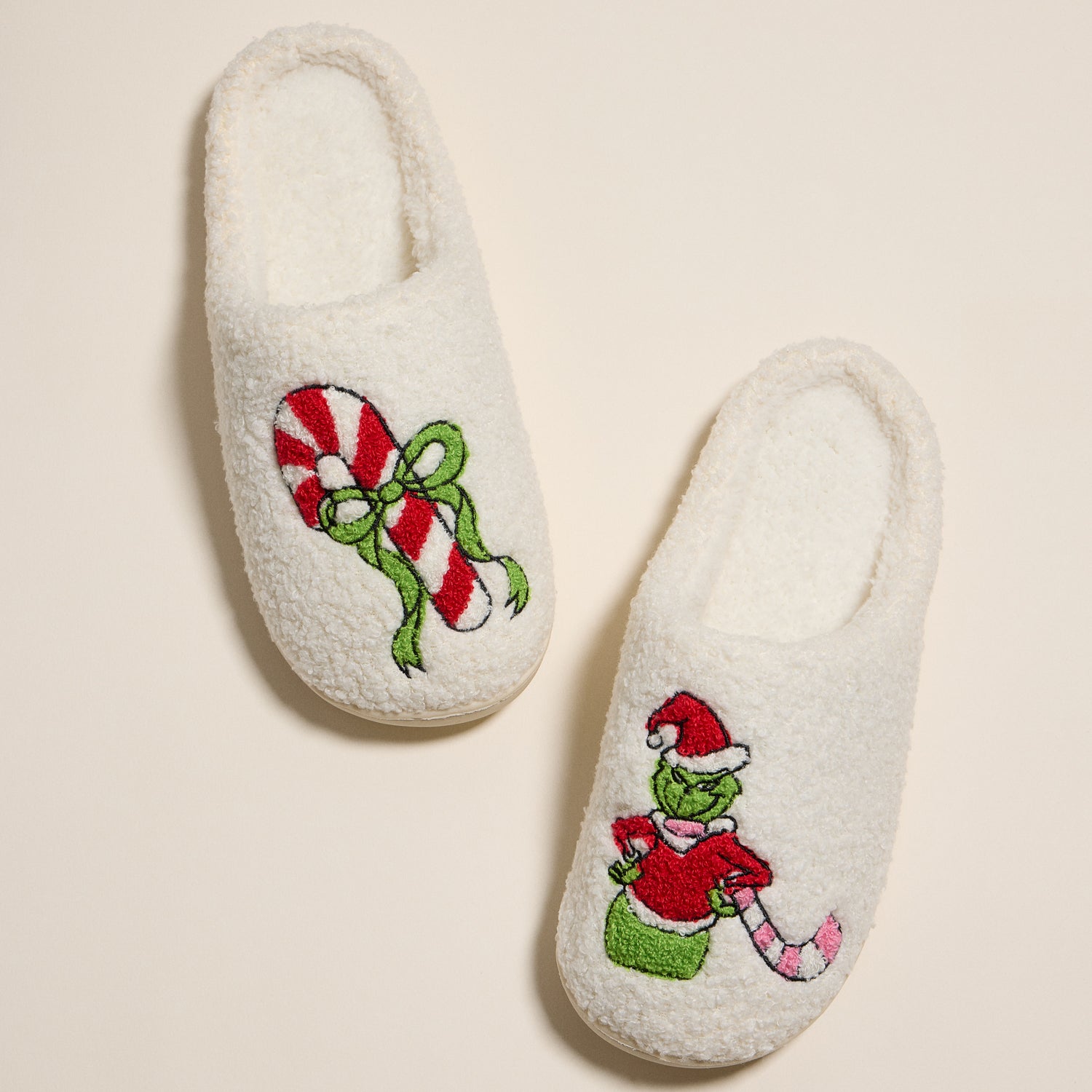 Whimsical Green Monster Slippers with Candy Cane Embroidery