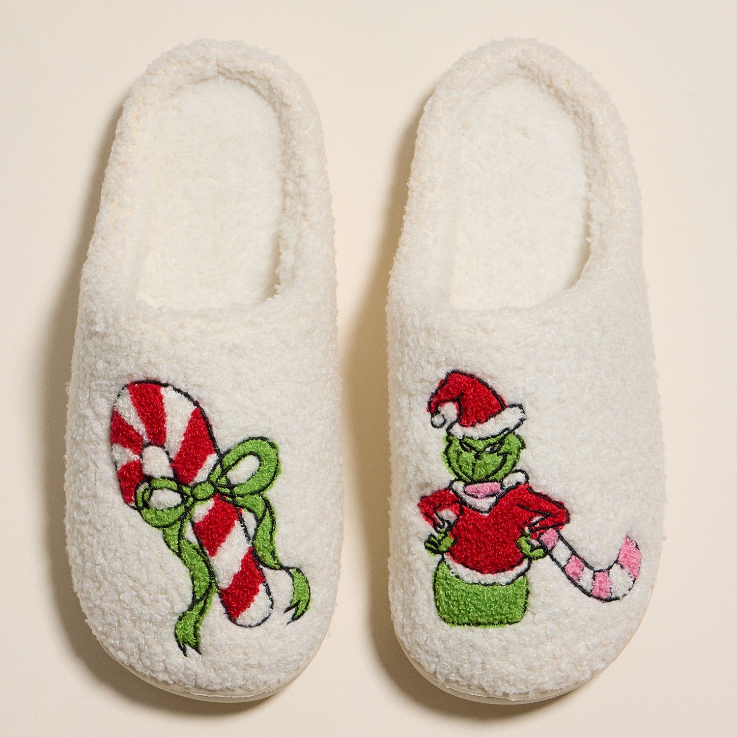 Whimsical Green Monster Slippers with Candy Cane Embroidery