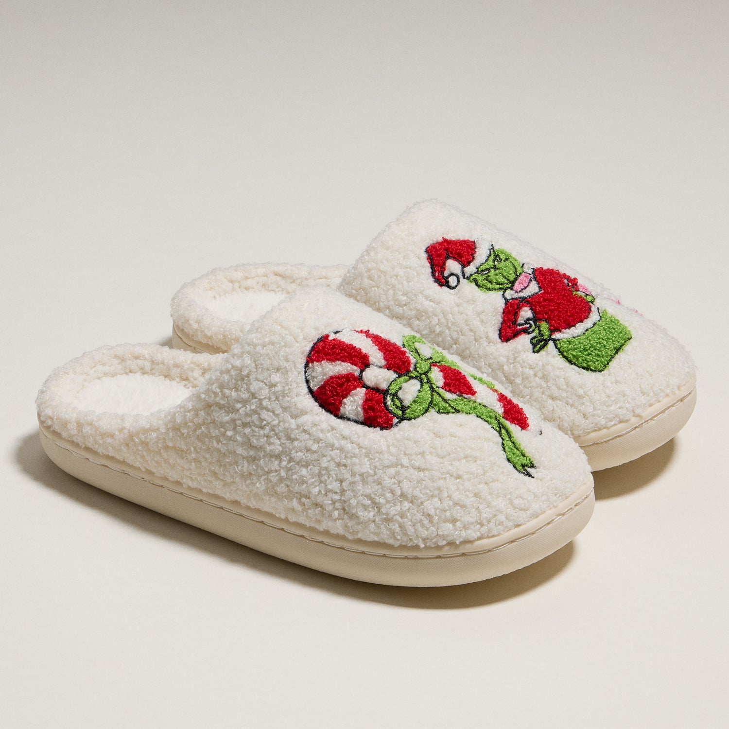 Whimsical Green Monster Slippers with Candy Cane Embroidery