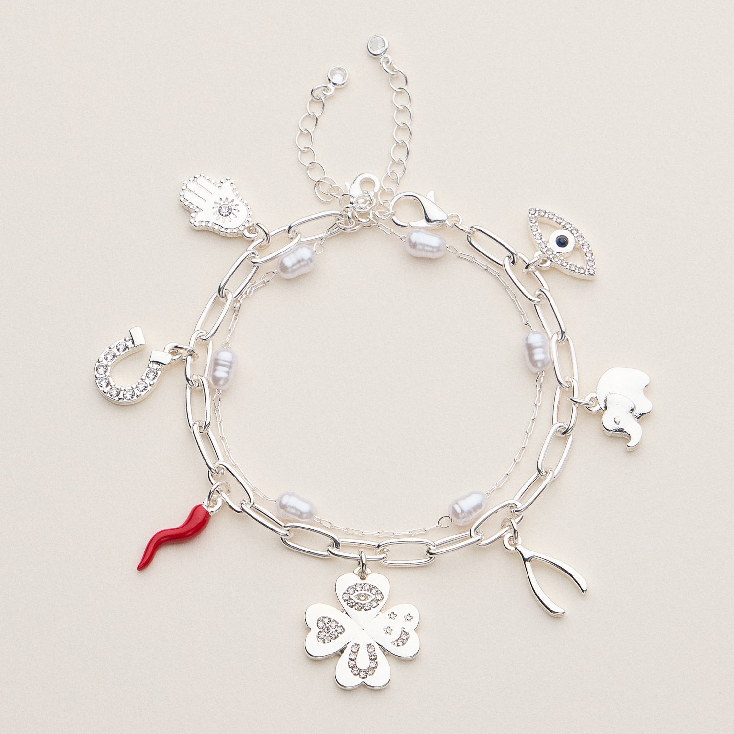 Elegant Charm Bracelet with Pearls and Crystal Details
