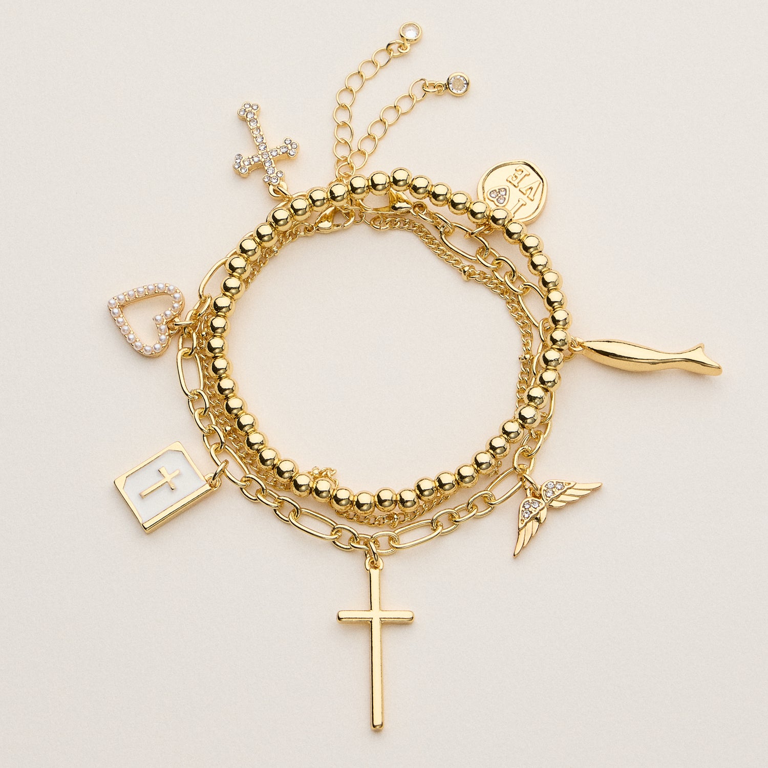 Adjustable Faith Bracelet Stack with Heart and Cross Charms