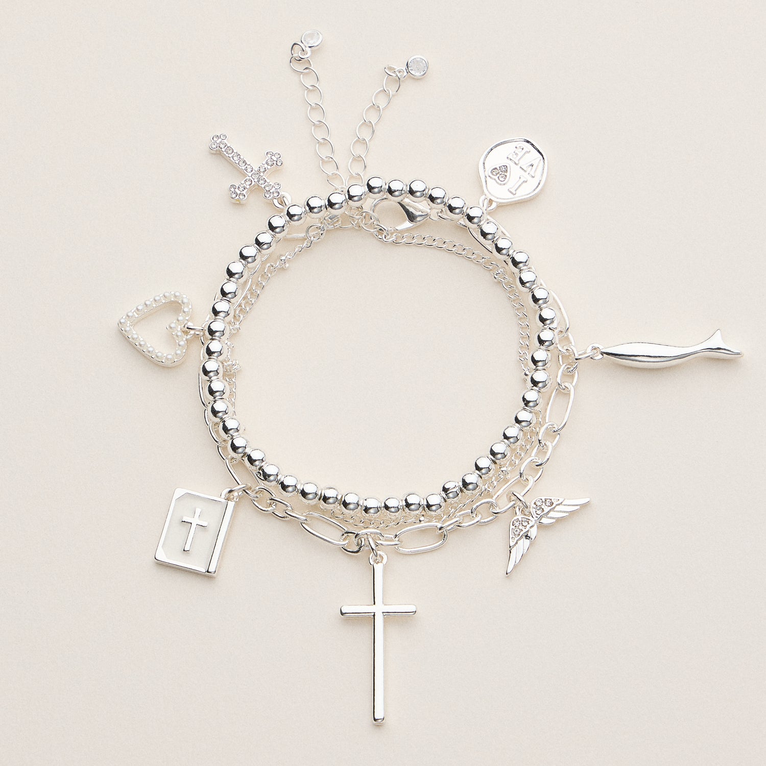 Adjustable Faith Bracelet Stack with Heart and Cross Charms