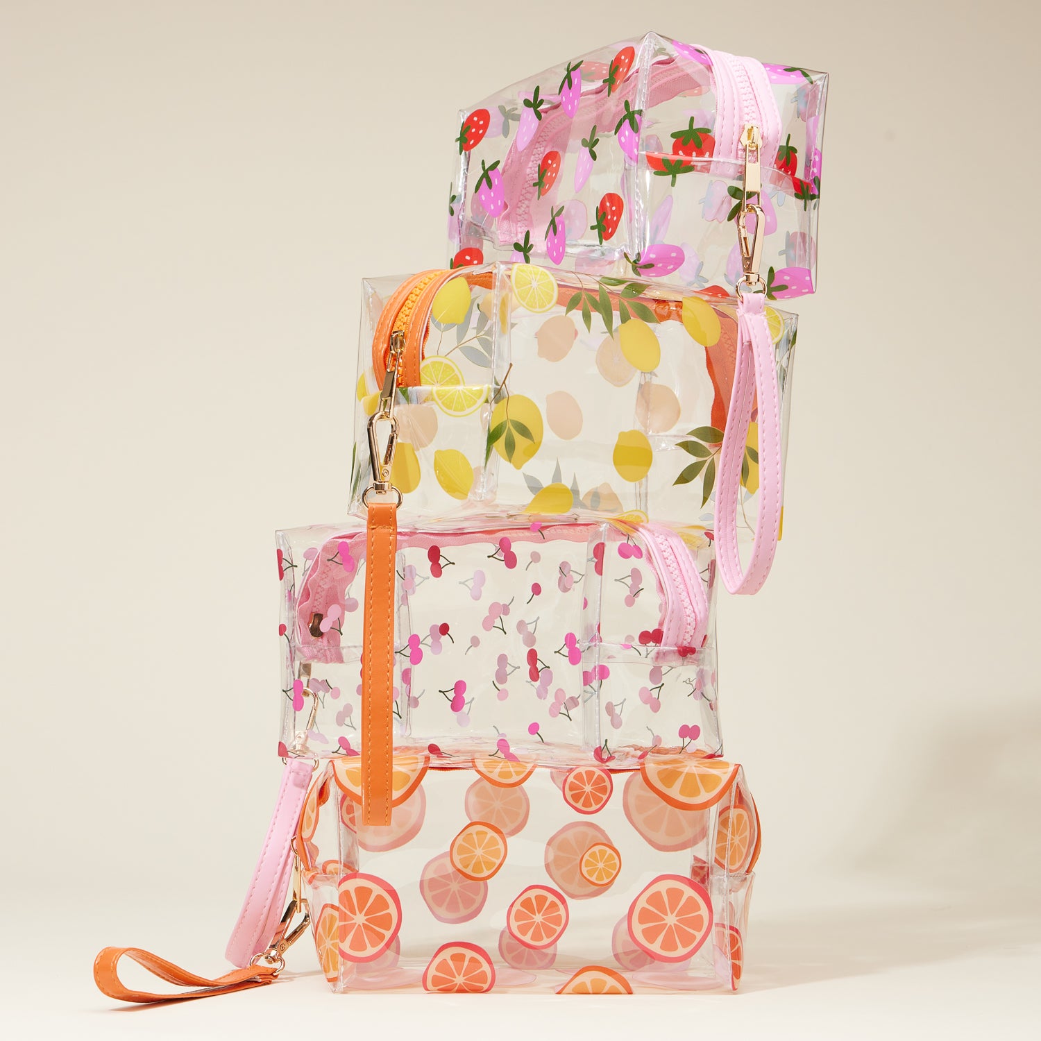 Clear Cosmetic Bags with Fruit Print and Wrist Strap