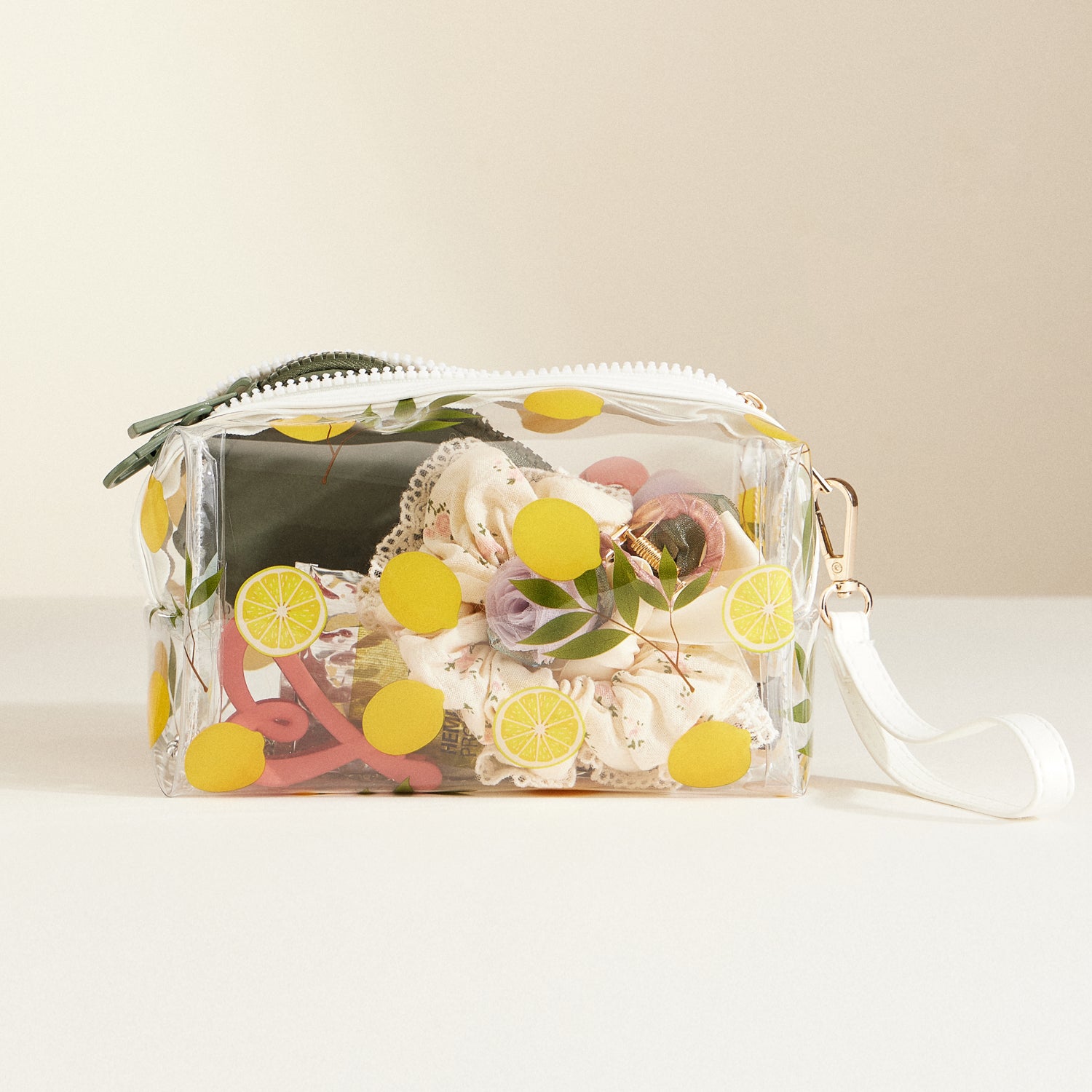 Clear Cosmetic Bags with Fruit Print and Wrist Strap