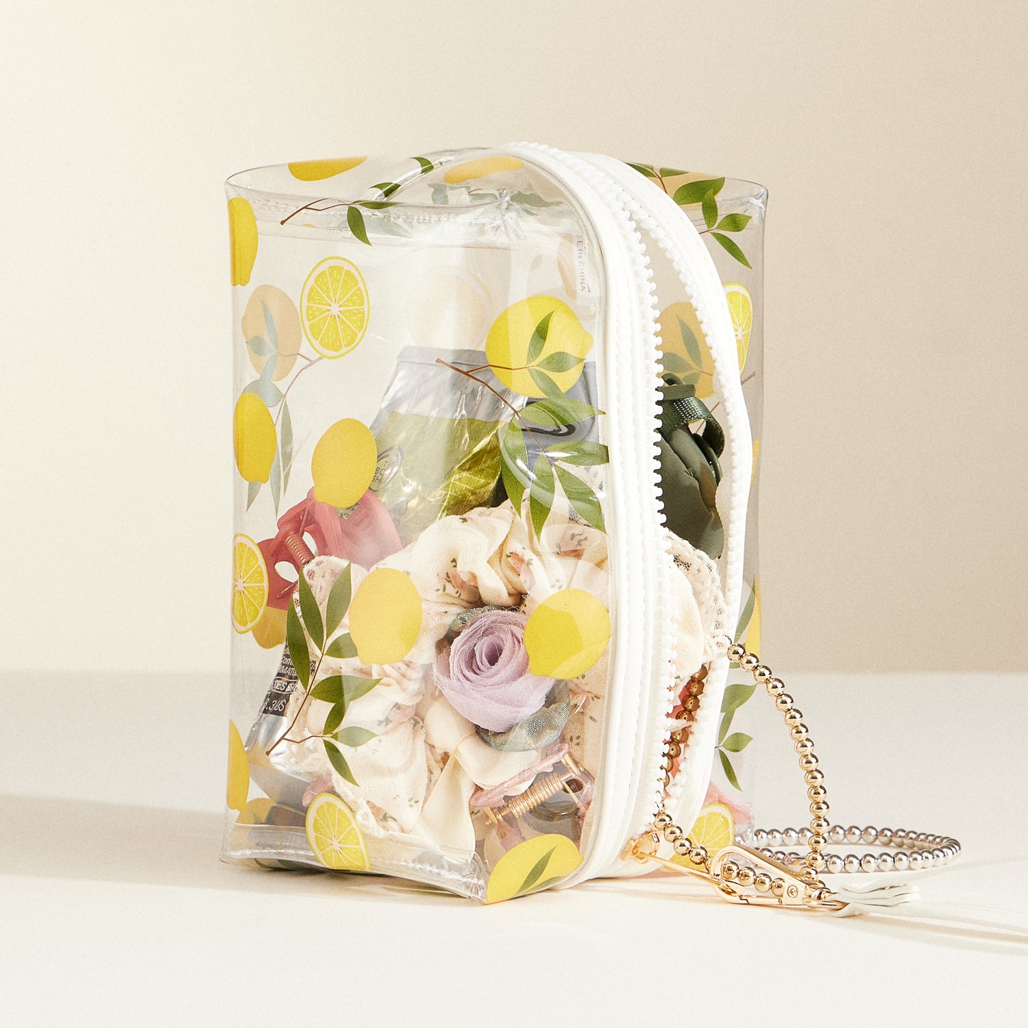 Clear Cosmetic Bags with Fruit Print and Wrist Strap