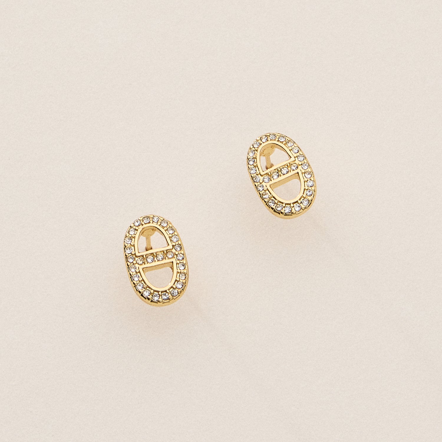 Gold-Dipped Oval Link Studs with Pave CZ – 18K Elegant Finish