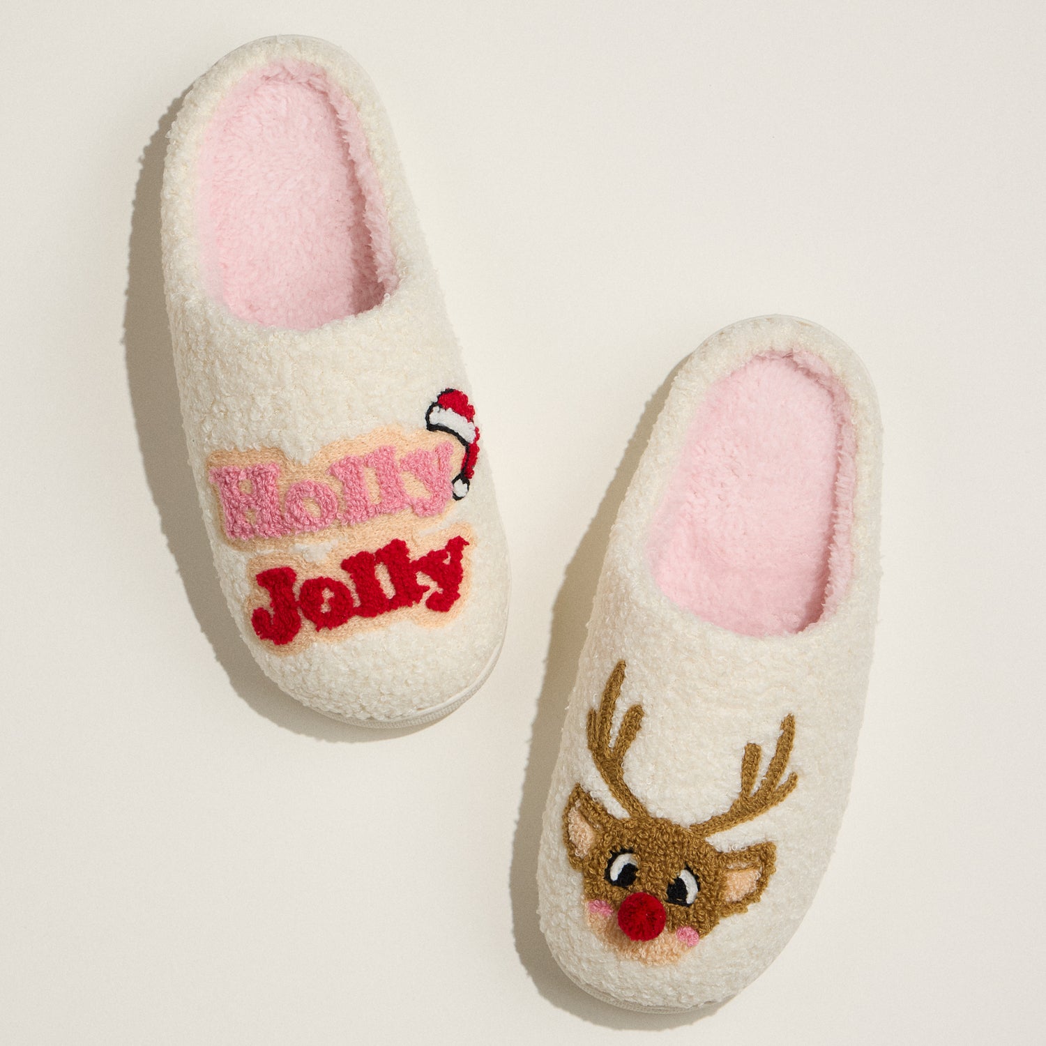 Festive Reindeer Slippers with Holly Embroidery
