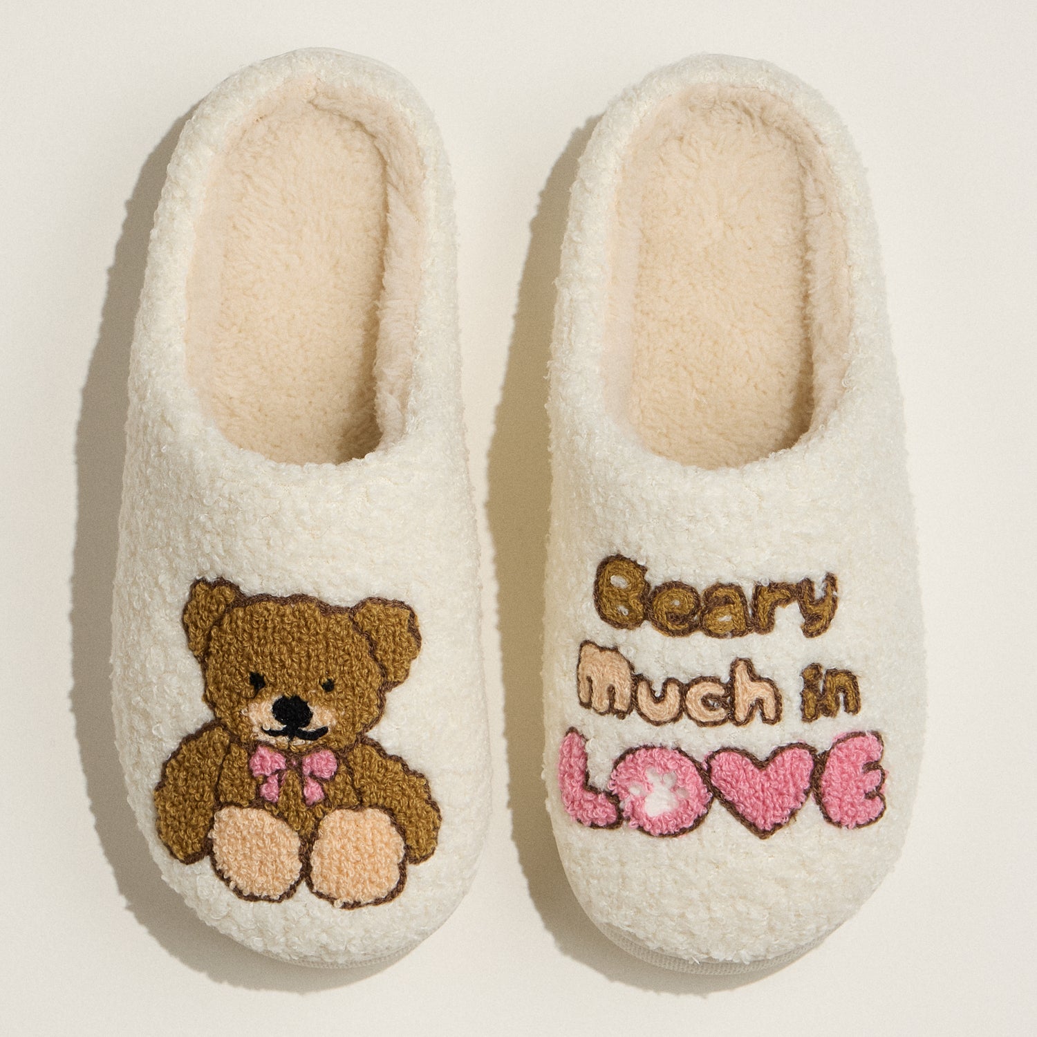 Teddy Bear Plush Slippers with Embroidered “In Love” Design for Christmas Gift