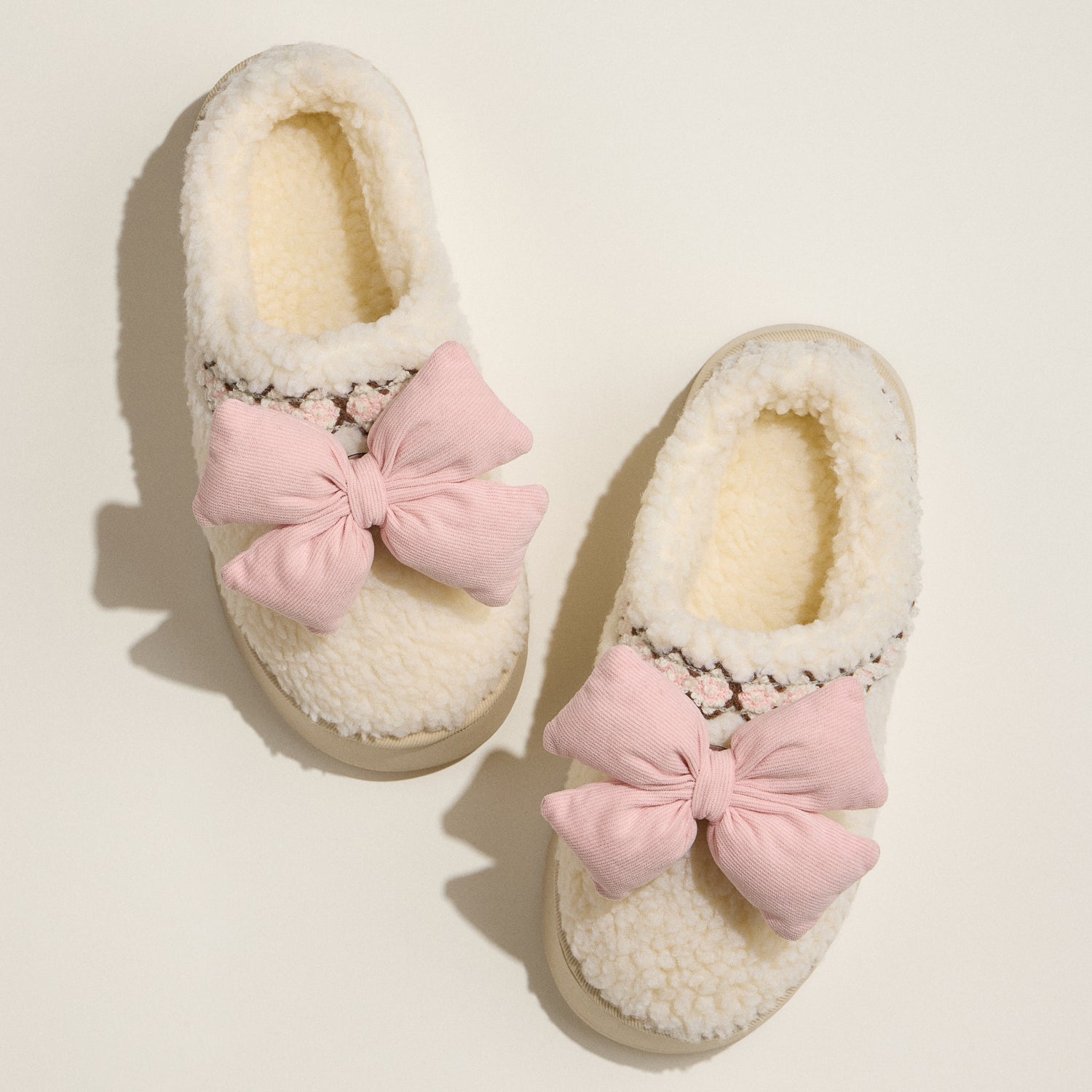 Removable Bow Sherpa House Slippers