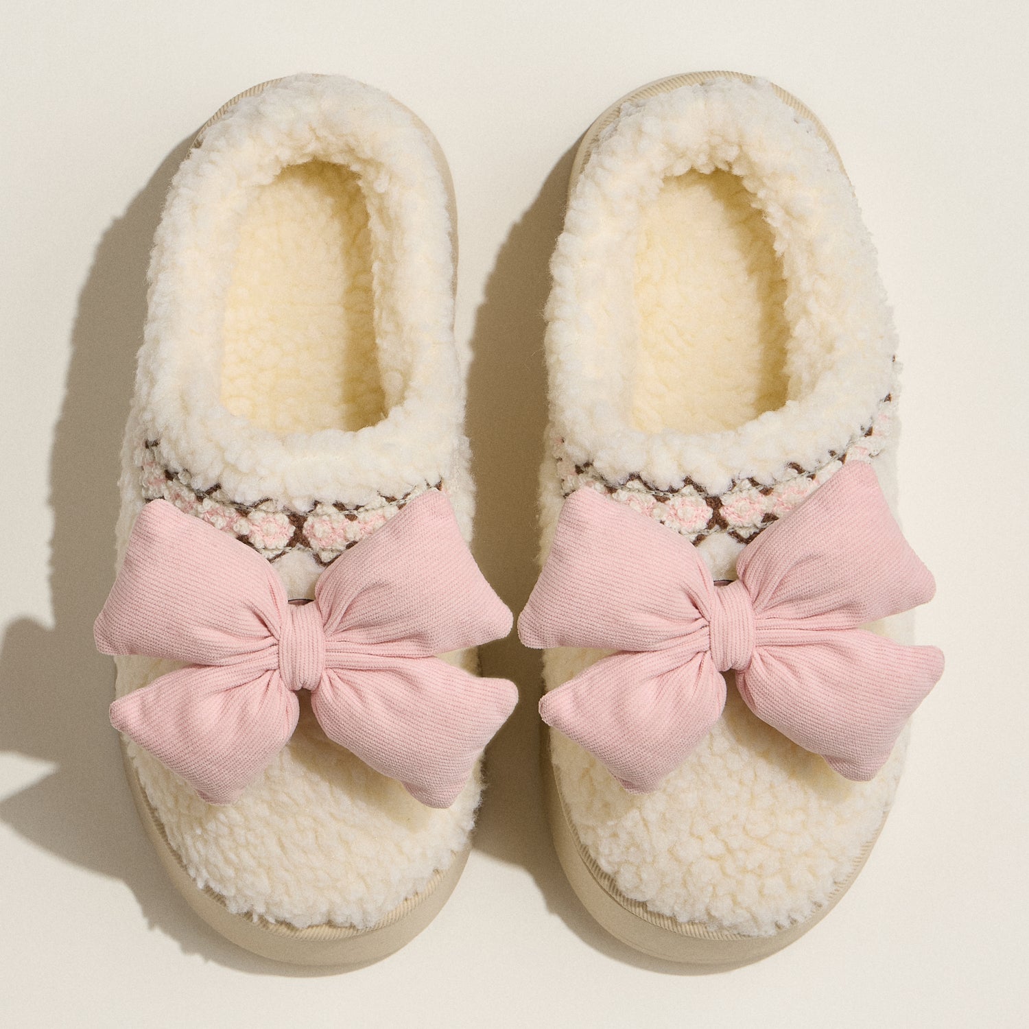 Removable Bow Sherpa House Slippers