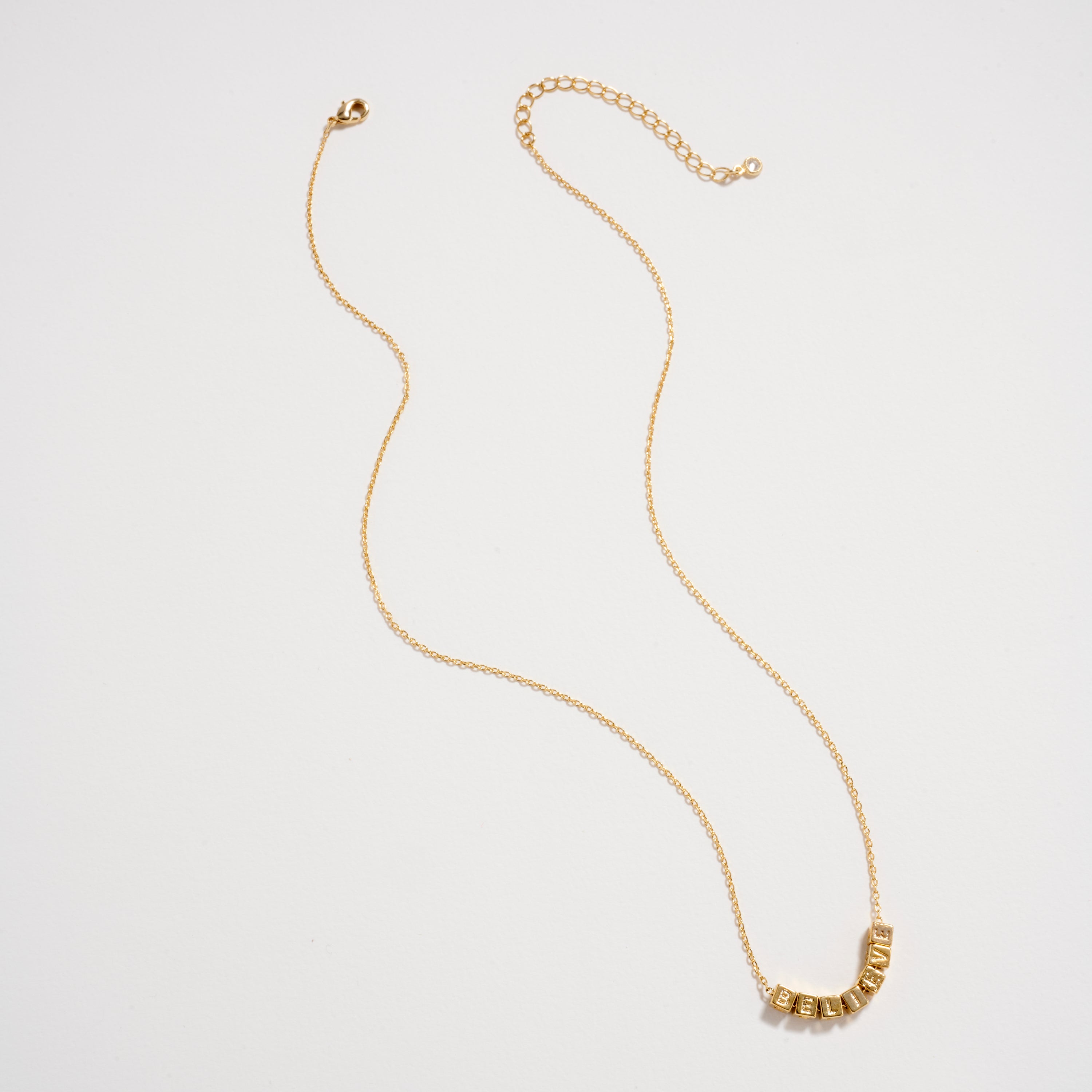 Gold Dipped “Believe” Cube Letter Necklace – 18K Gold Dipped Inspirational Word Necklace, Adjustable Dainty Chain