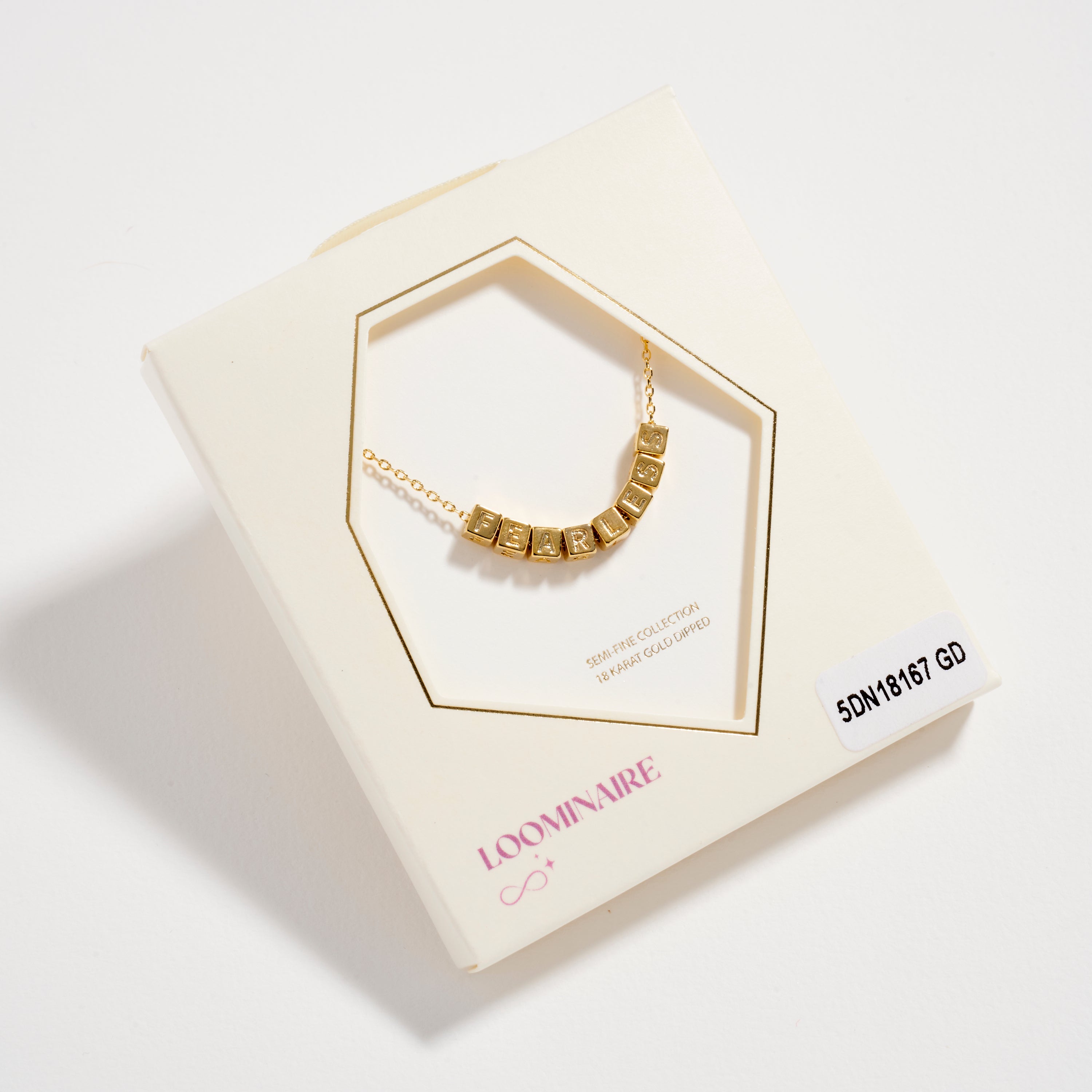 Gold Dipped “Fearless” Cube Letter Necklace | 18K Gold Dipped Inspirational Word Necklace, Adjustable Dainty Chain