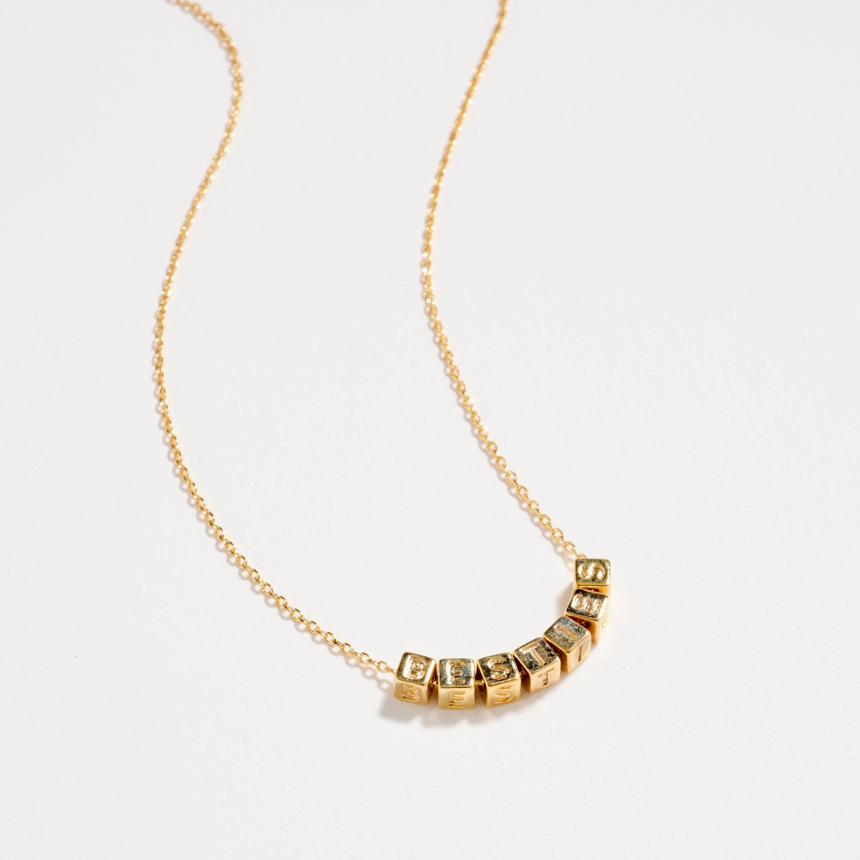 Gold Dipped BESTIES Cube Letter Necklace – Minimalist Chain Pendant, Semi-Fine Jewelry
