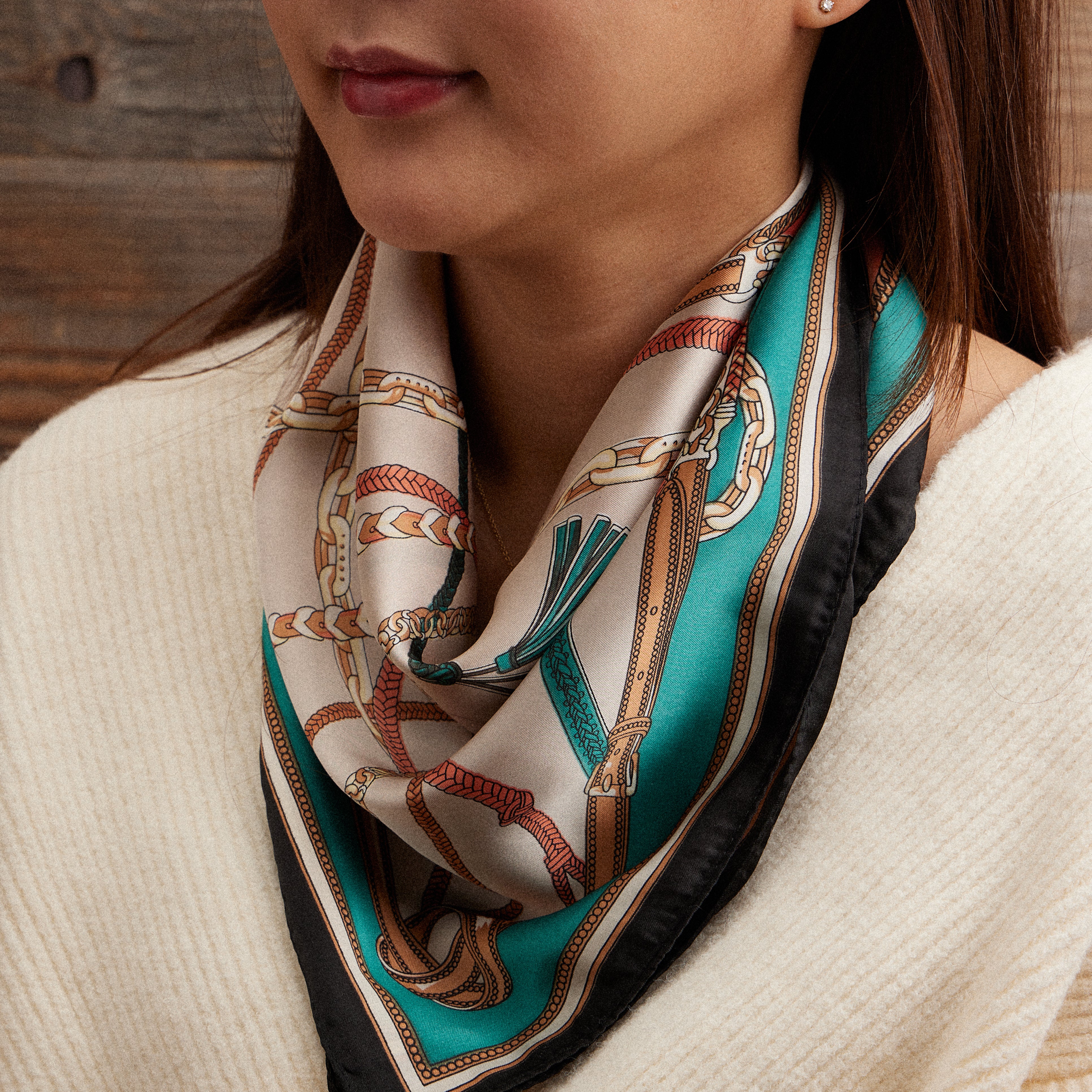 Equestrian Chain Silk Scarf – Elegant Square Accessory with Silk Texture