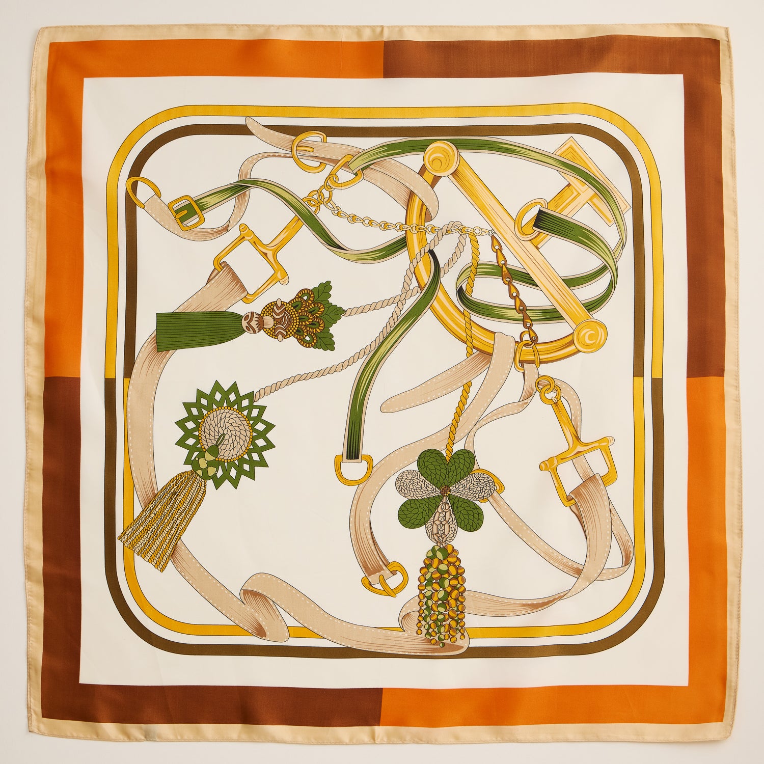 Buckle and Tassel Square Scarf – Equestrian-Inspired Silk-Texture Design