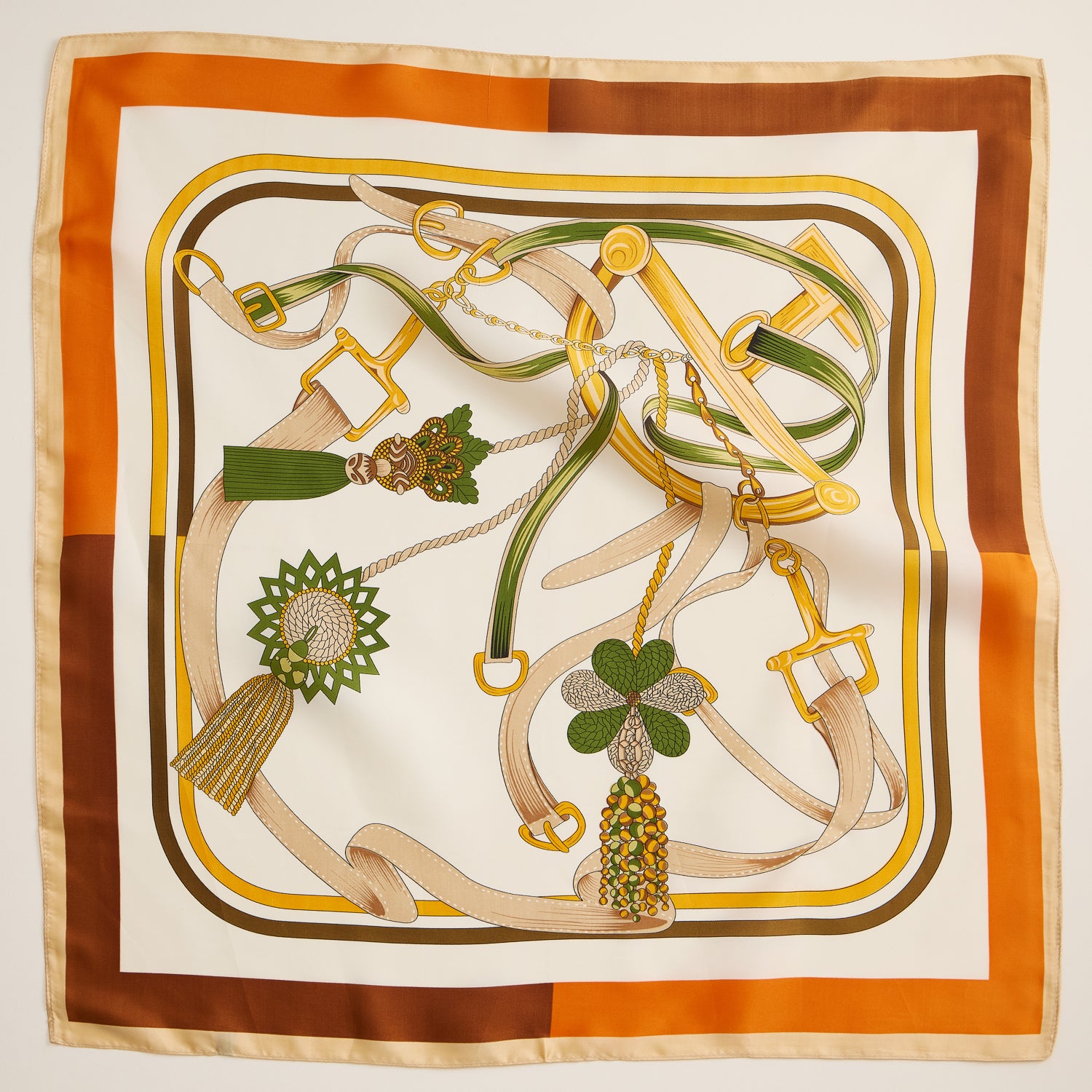 Buckle and Tassel Square Scarf – Equestrian-Inspired Silk-Texture Design