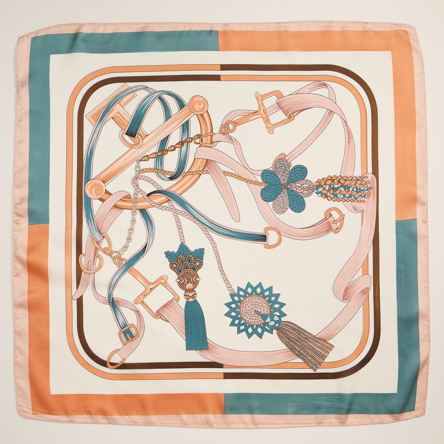 Buckle and Tassel Square Scarf – Equestrian-Inspired Silk-Texture Design