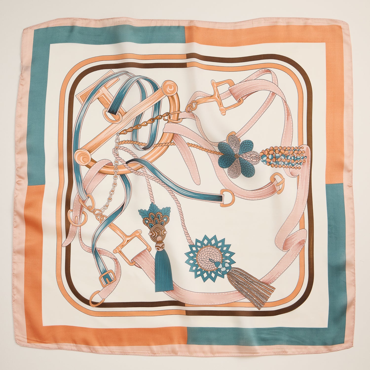 Buckle and Tassel Square Scarf – Equestrian-Inspired Silk-Texture Design