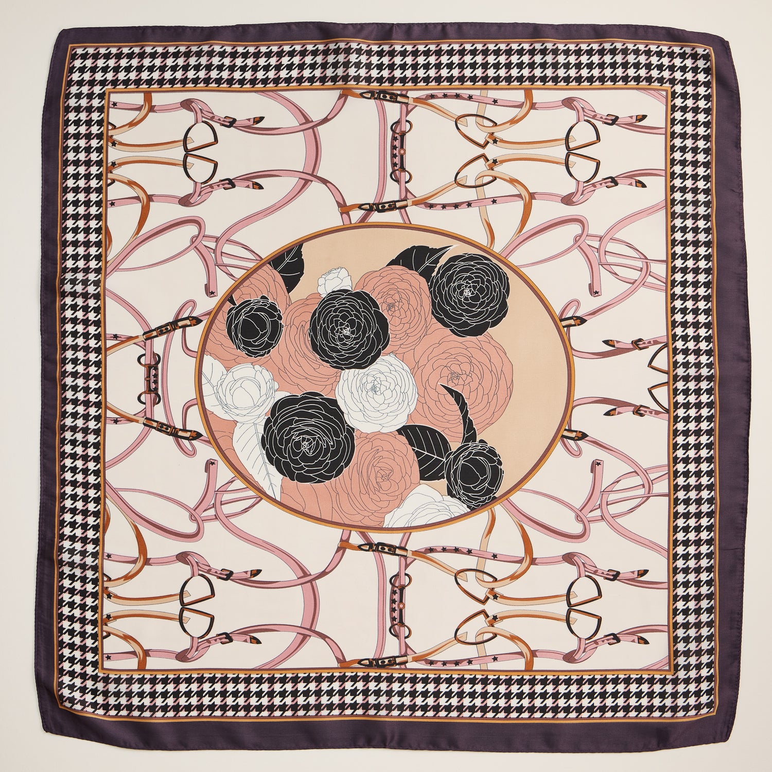 Equestrian Floral Square Scarf – Silk-Feel Design with Houndstooth Border - Frem