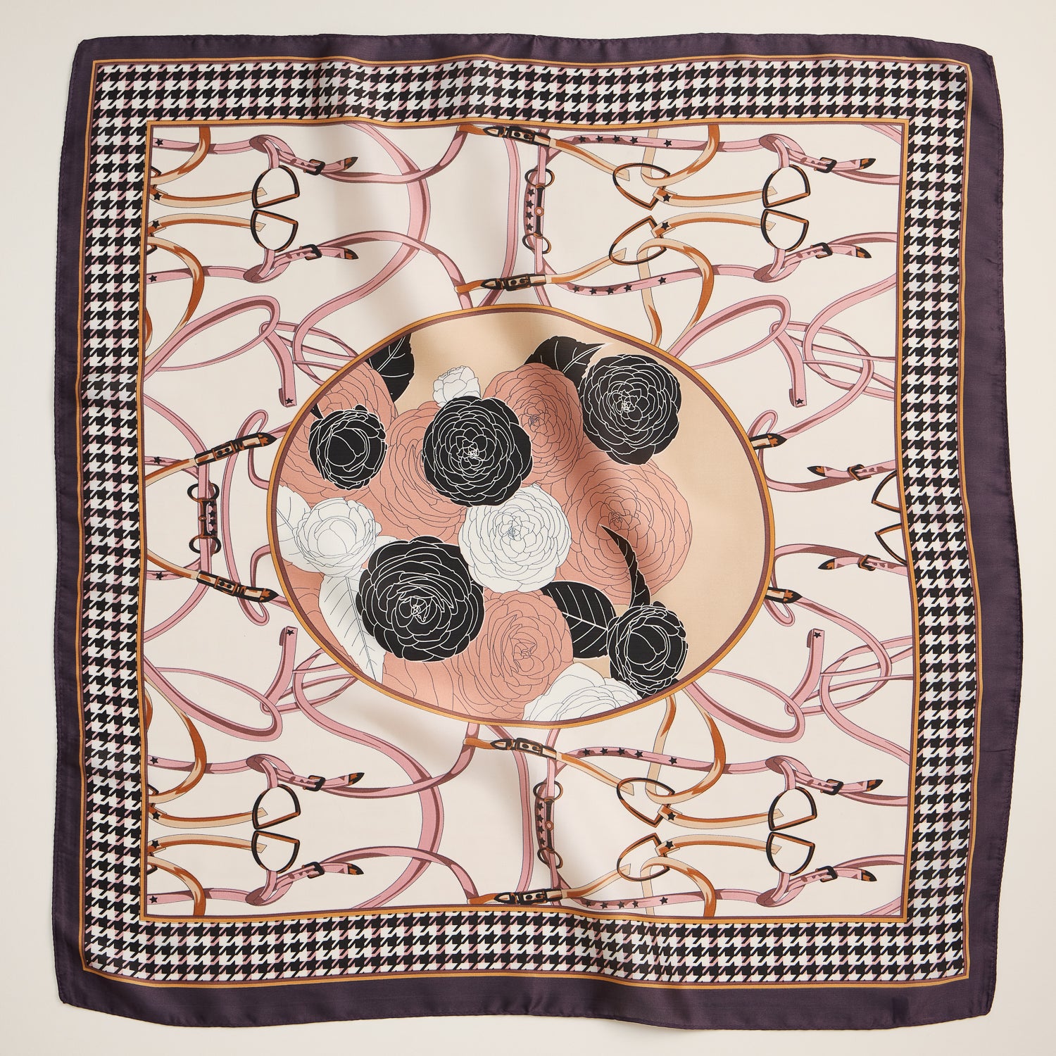 Equestrian Floral Square Scarf – Silk-Feel Design with Houndstooth Border - Frem