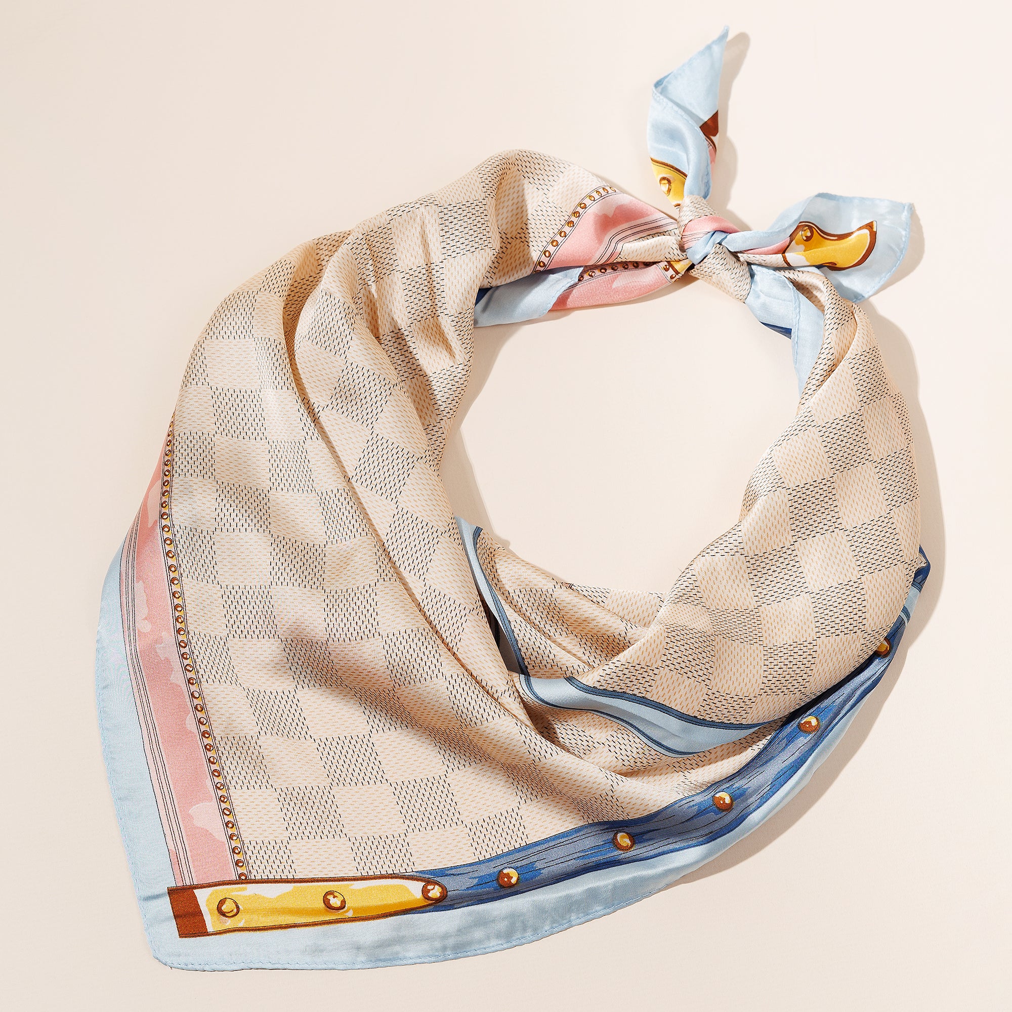 Trunk-Inspired Checkered Scarf – Elegant Silk-Texture Square Design