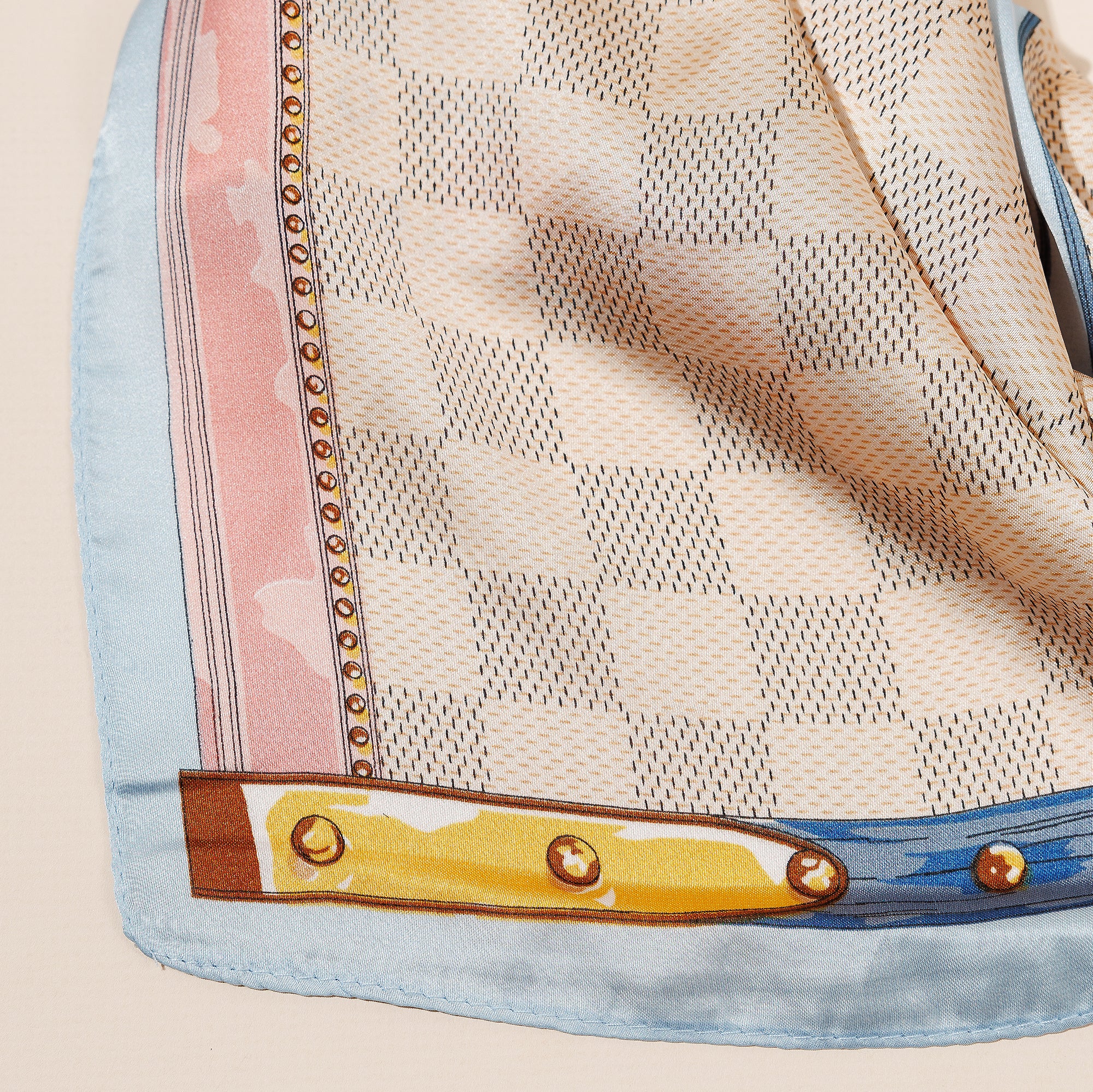 Trunk-Inspired Checkered Scarf – Elegant Silk-Texture Square Design