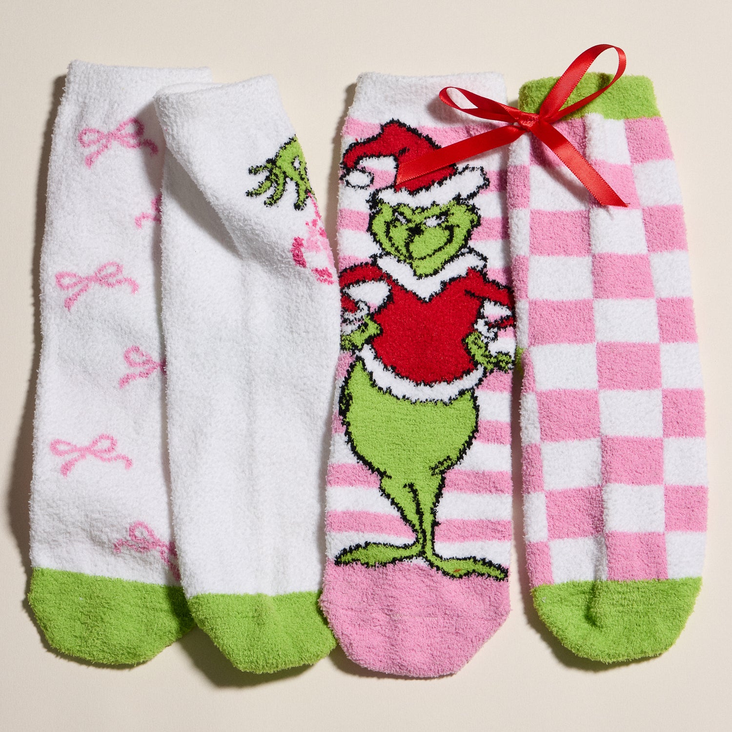 Festive Fuzzy Sock Set with Playful Green Character Designs