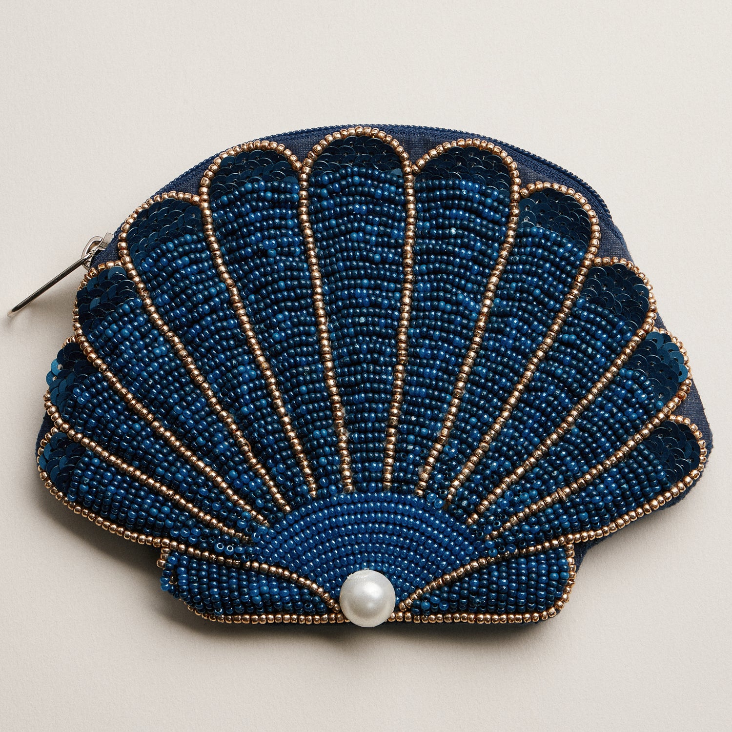 Beaded Shell Pouch with Pearl Detail Accent