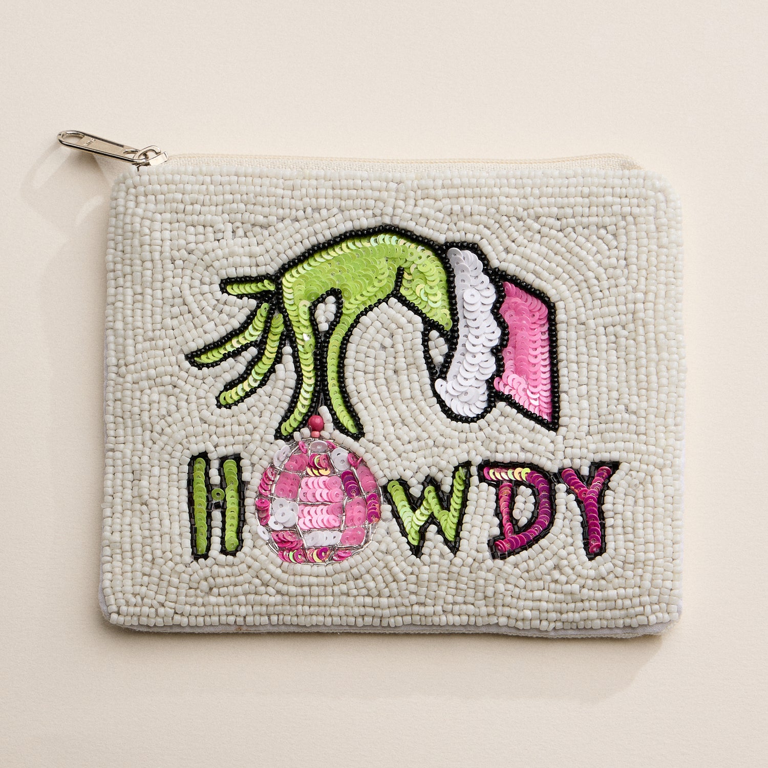 Hand-Beaded Howdy Holiday Monster Zipper Pouch