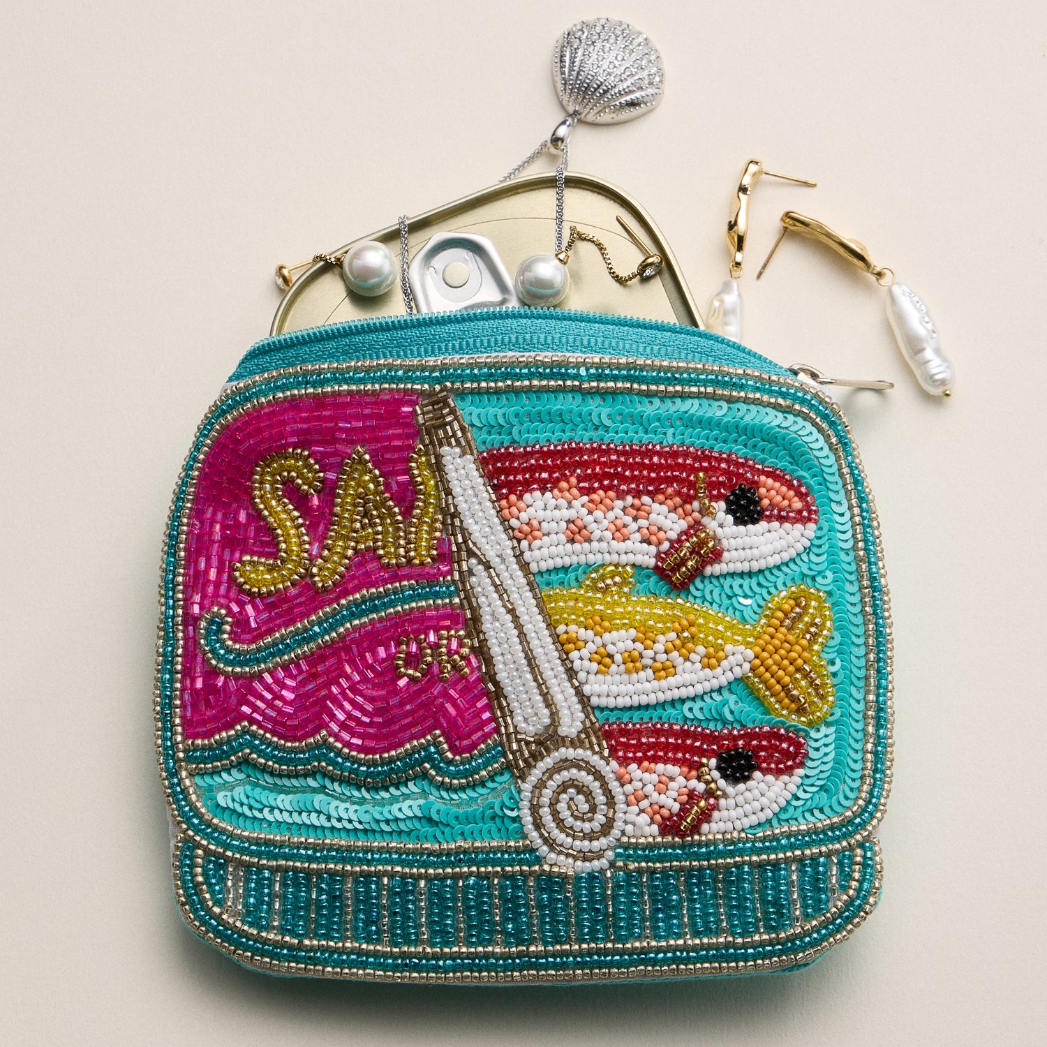 Beaded Sealife Coin Purse Collection | Coastal Shell Zip Pouch