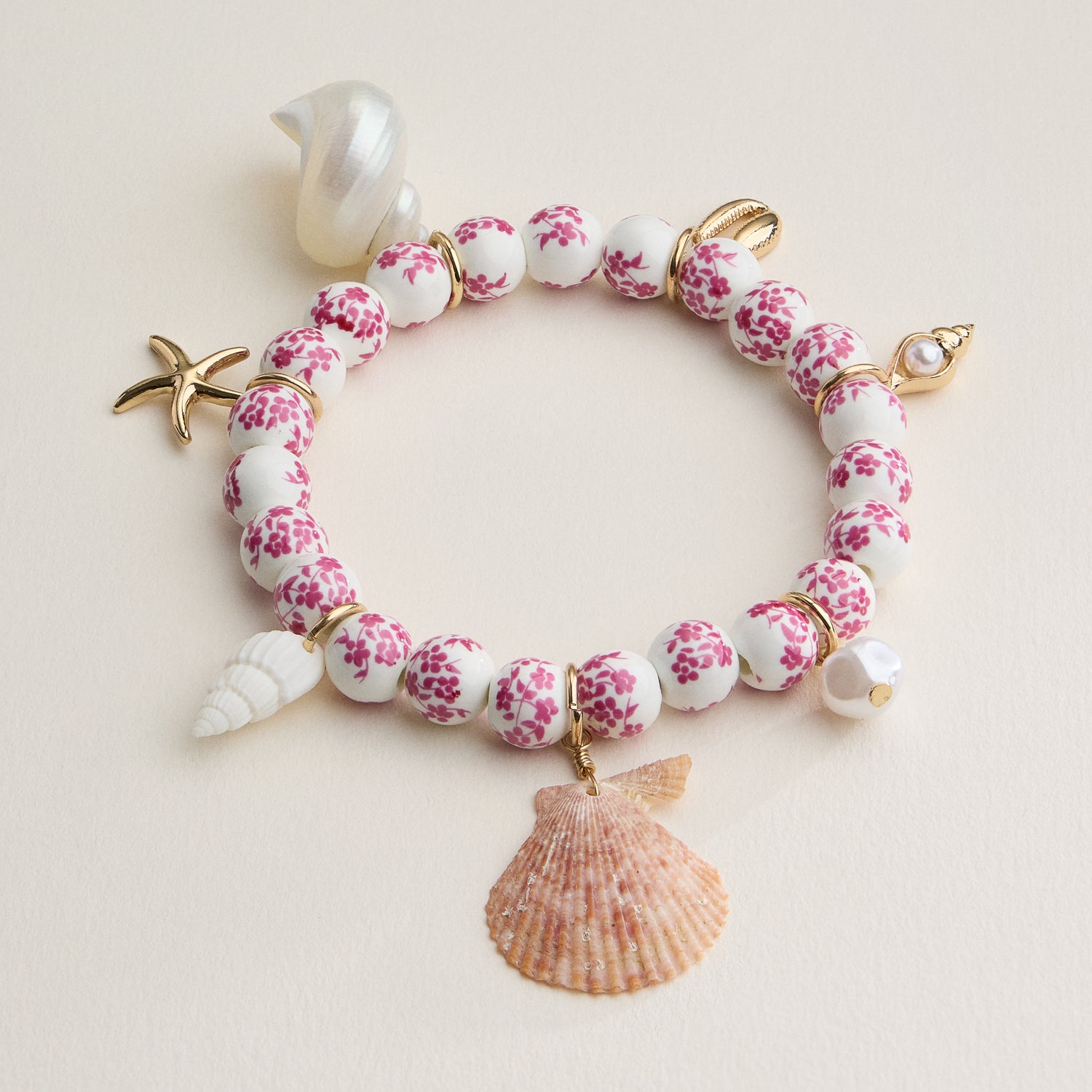 Seashell Charm Bracelet with Floral Beads