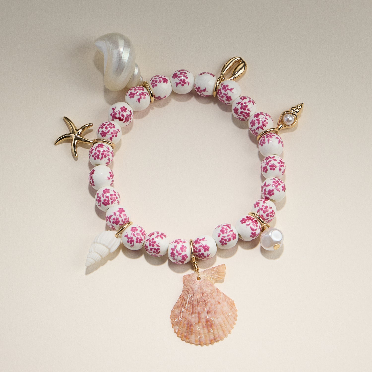 Seashell Charm Bracelet with Floral Beads