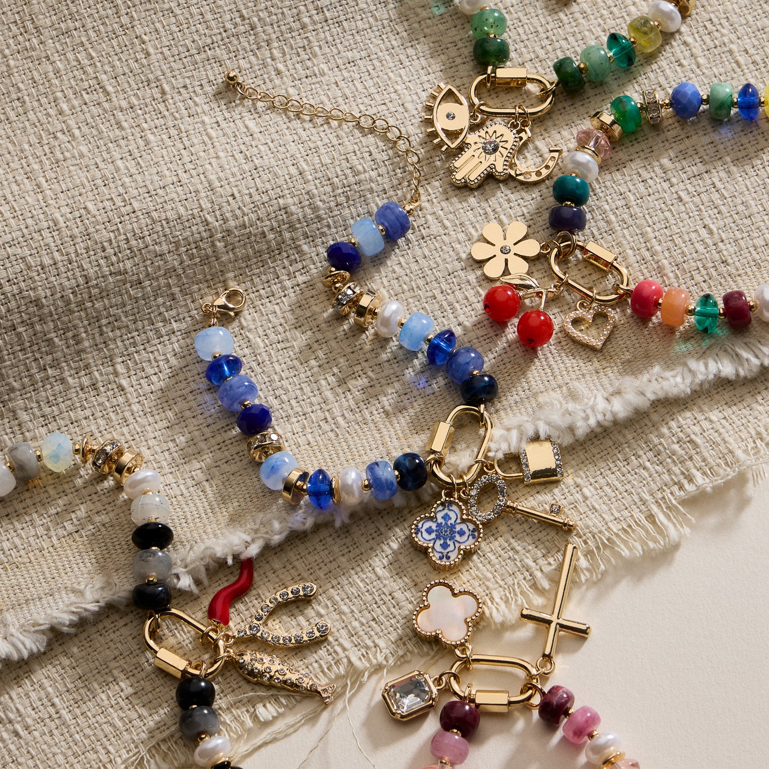 Colorful Beaded Charm Bracelet with Gold Trio Accents