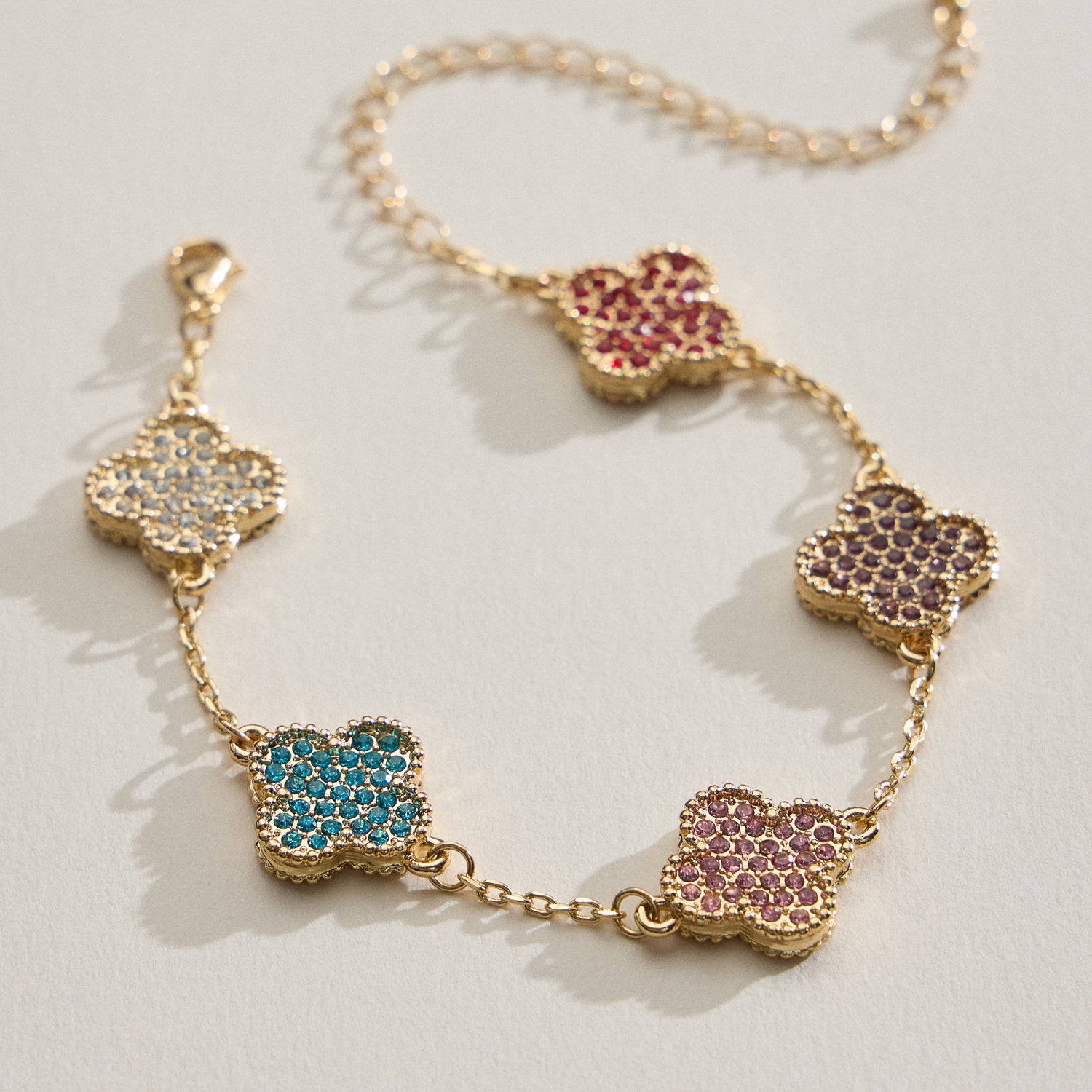 Gold Chain Bracelet with Crystal Flower Charms