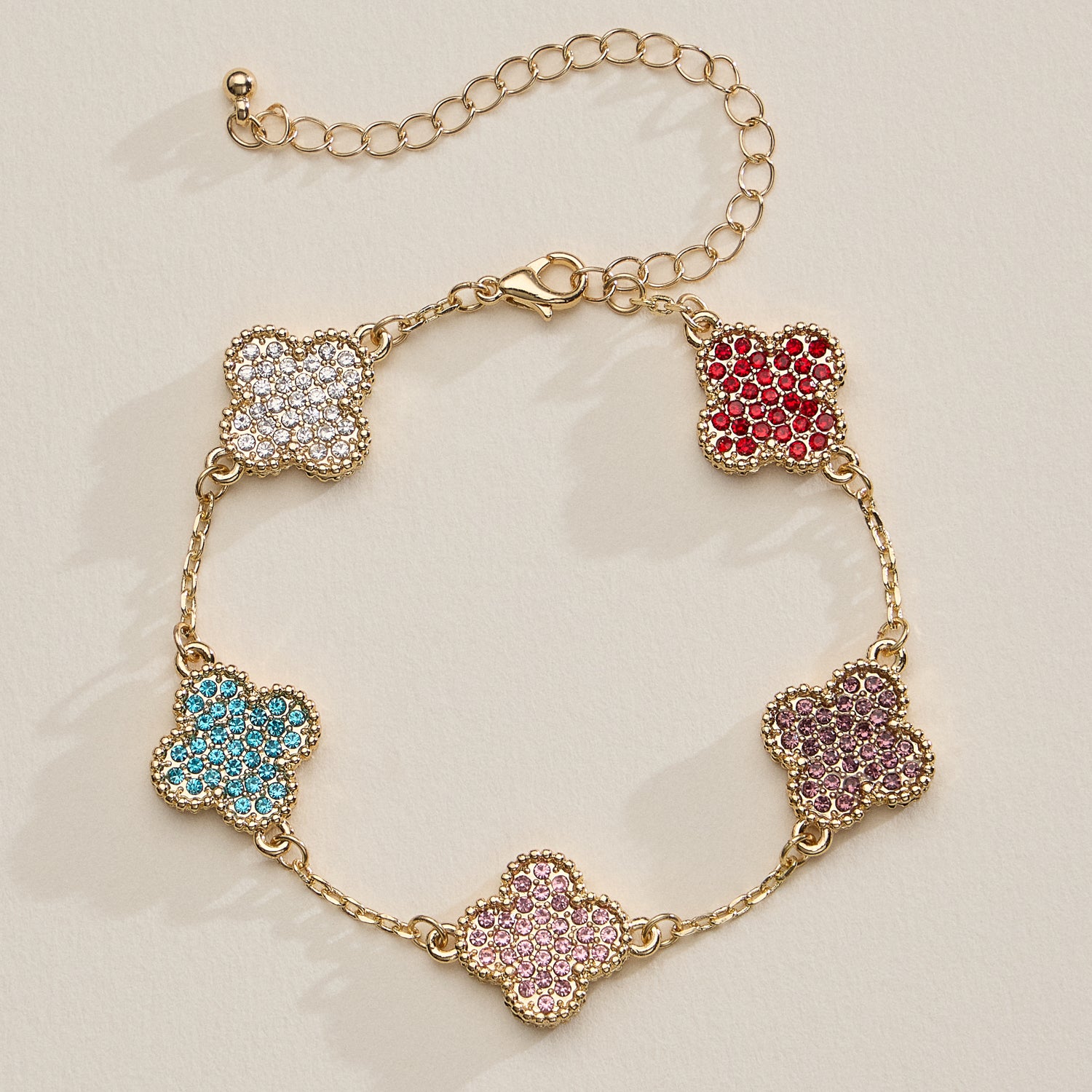 Gold Chain Bracelet with Crystal Flower Charms