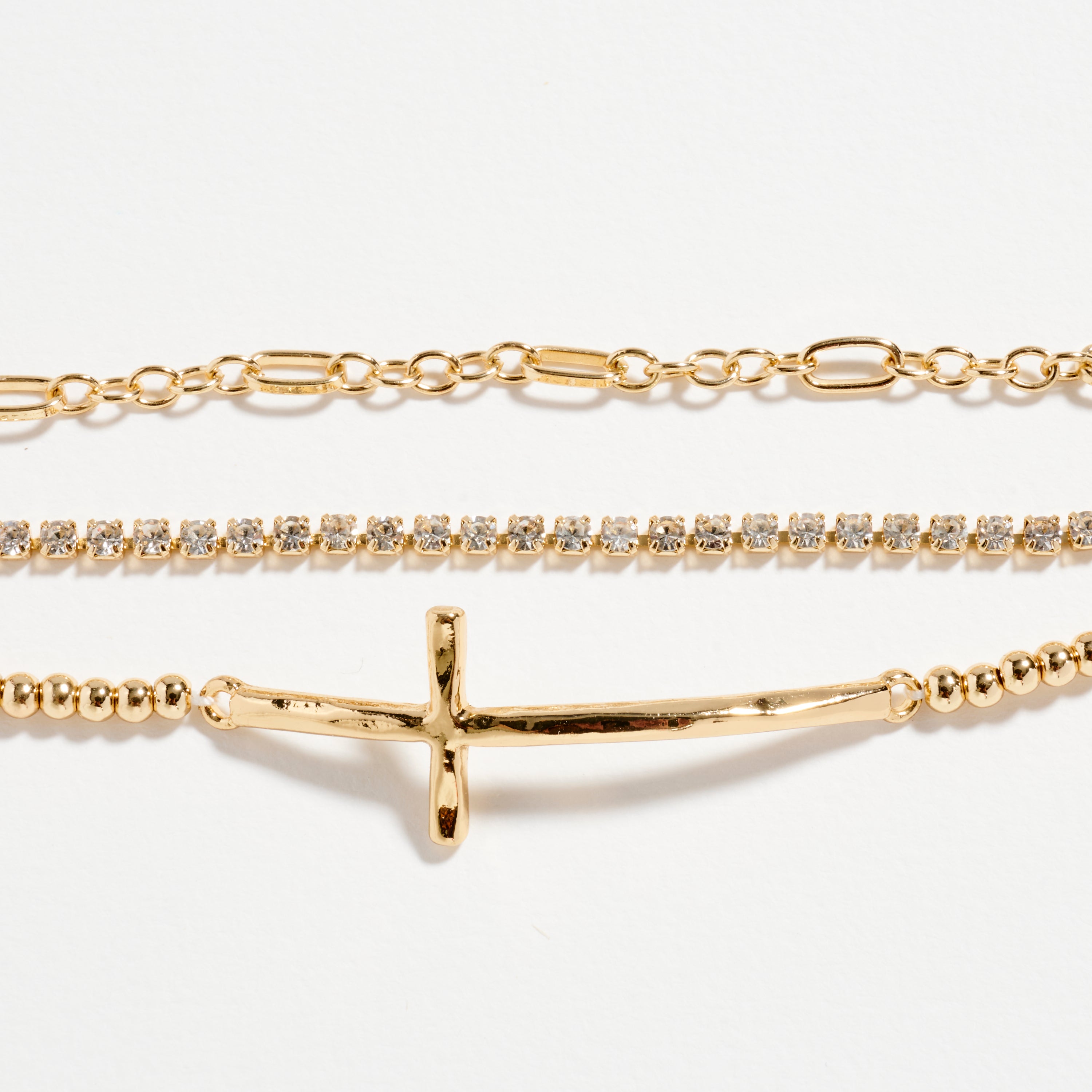 Triple Layer Chain & Gold-Dipped Bracelet with Cross Pendant