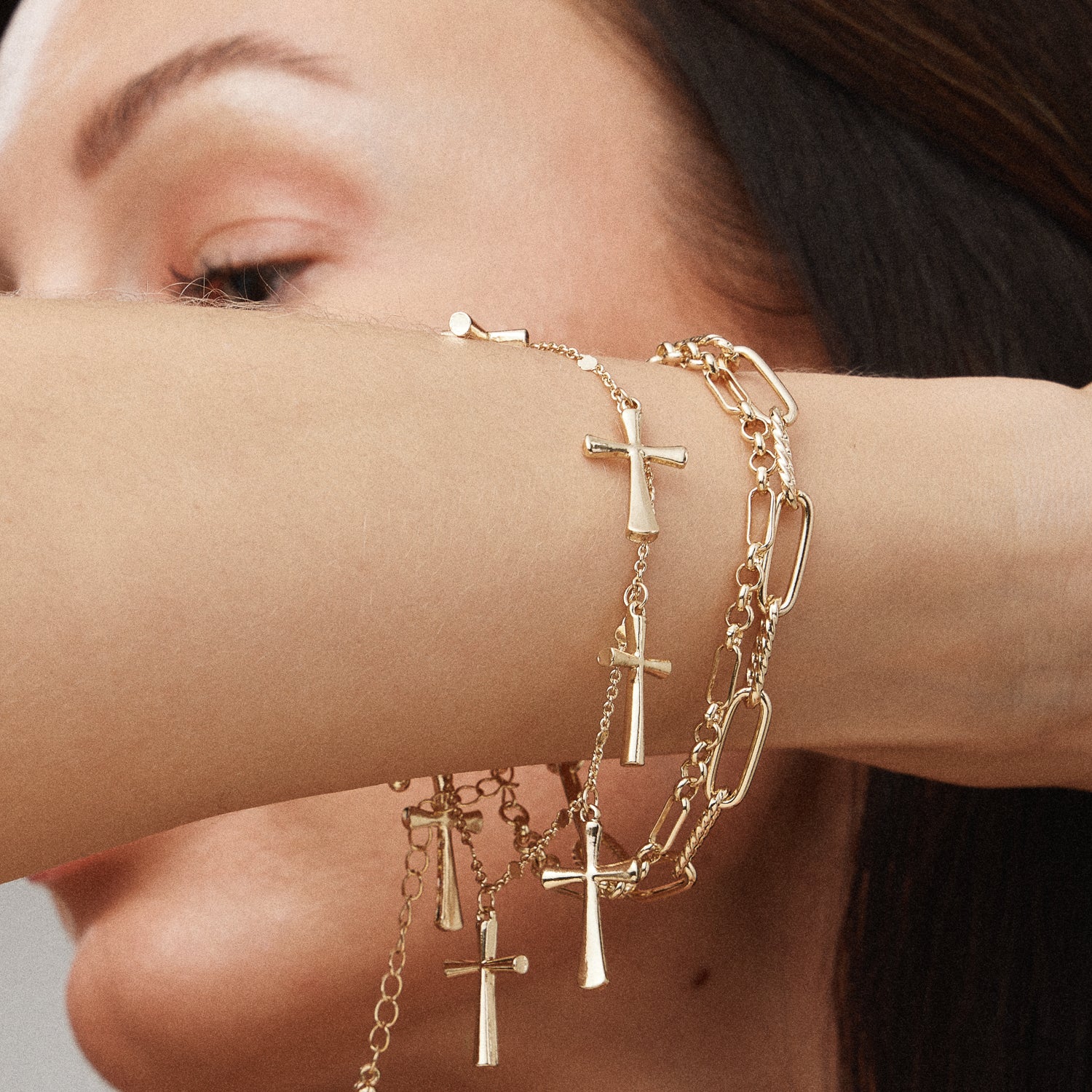 Multi-Chain Gold-Dipped Bracelet Set with Cross Details