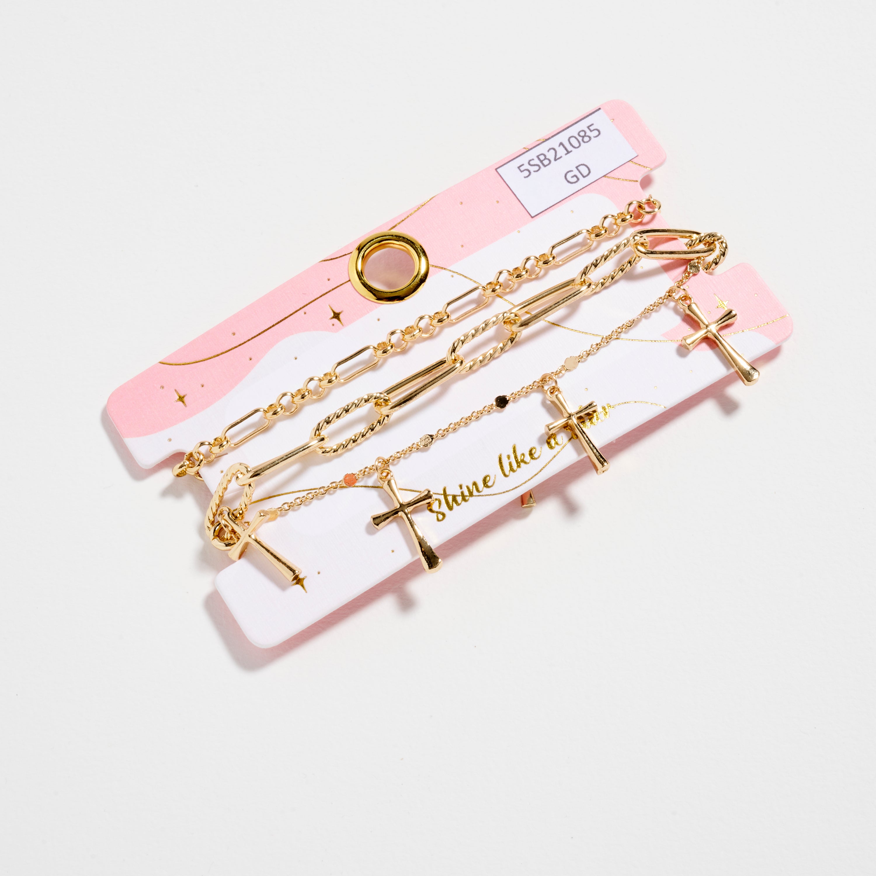 Multi-Chain Gold-Dipped Bracelet Set with Cross Details