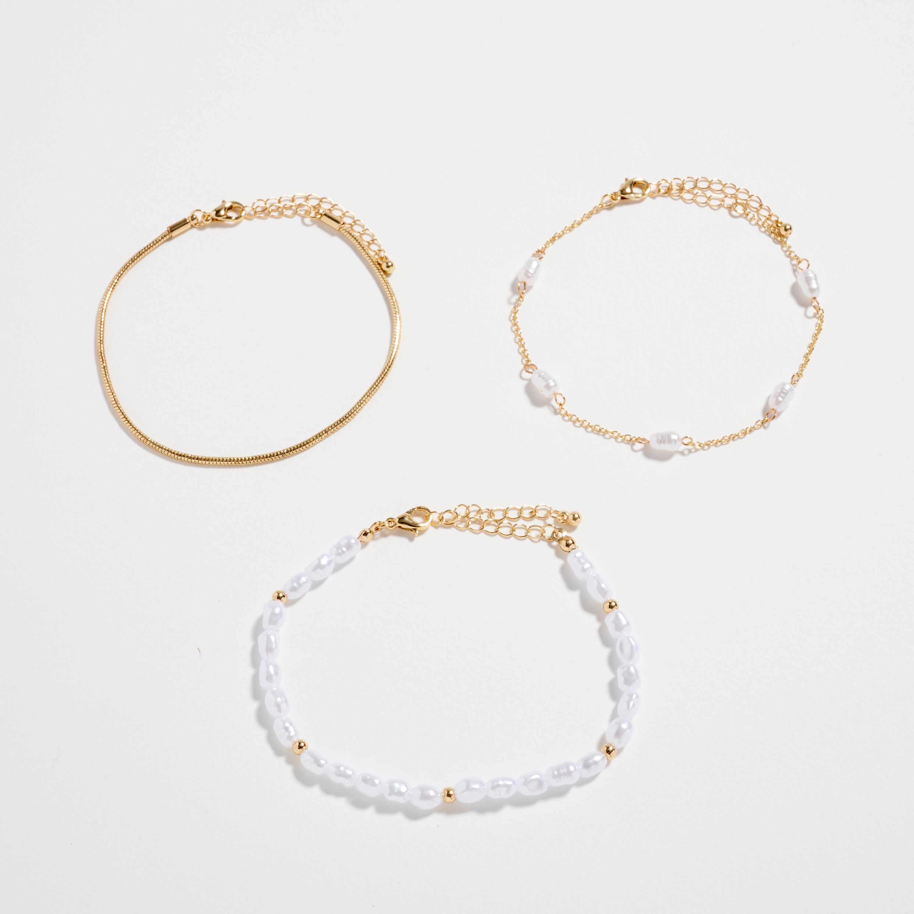 Pearl Bracelet Set – 3-Layered Bracelet Pack (Gold-Dipped & Silver Options)
