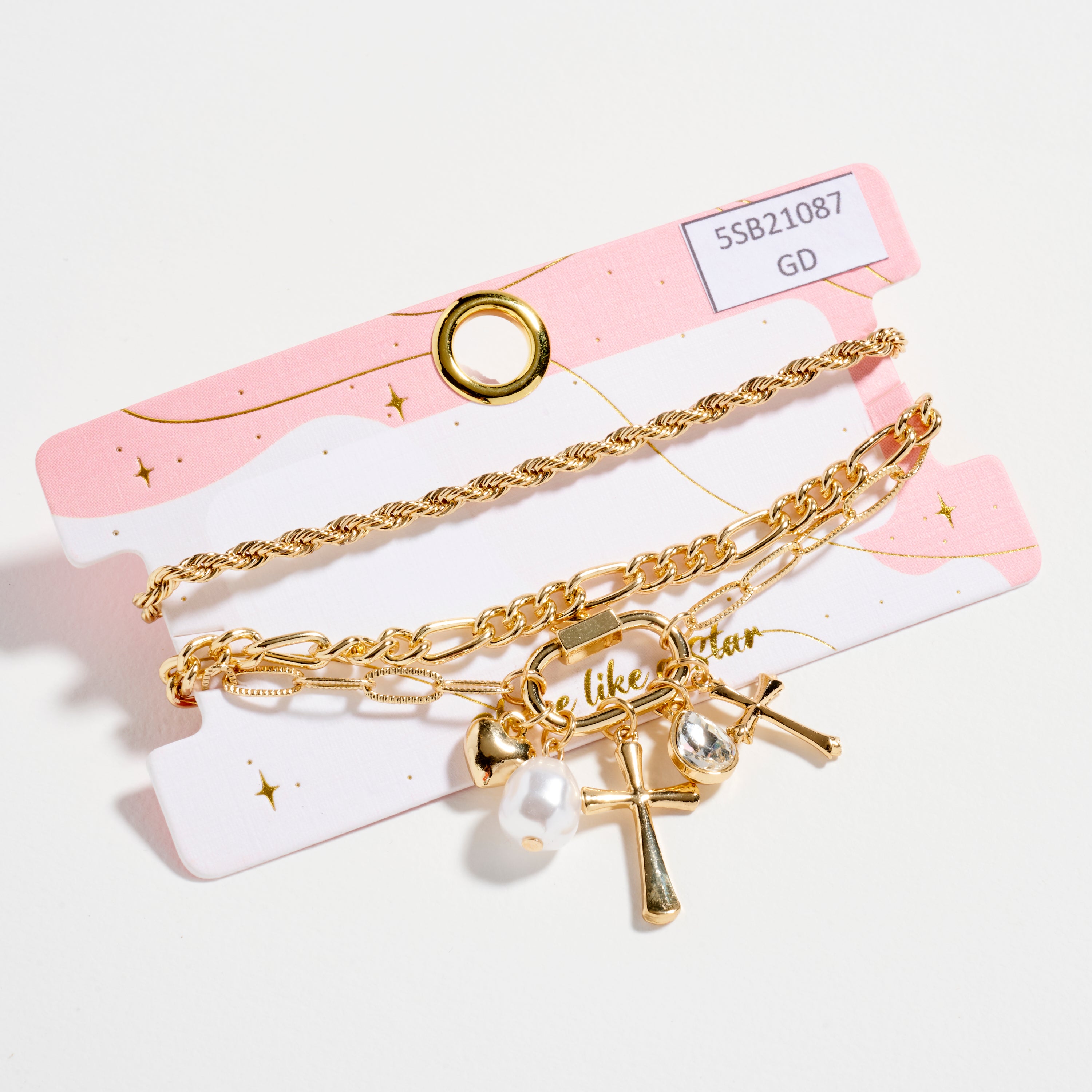 3-Piece Layered Chain Bracelet Set – Cross, Heart & Pearl Charms